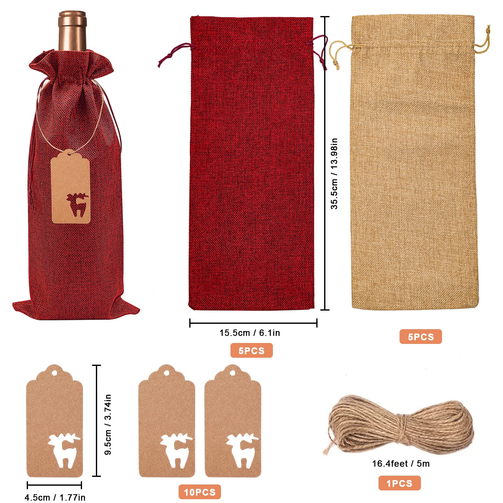 Lot De 12 Sacs Cadeaux En Jute Avec Cordon De Serrage - Pour Bouteilles De Vin/champagne - 35x15 Cm - Inclut étiquettes Et Ficelle