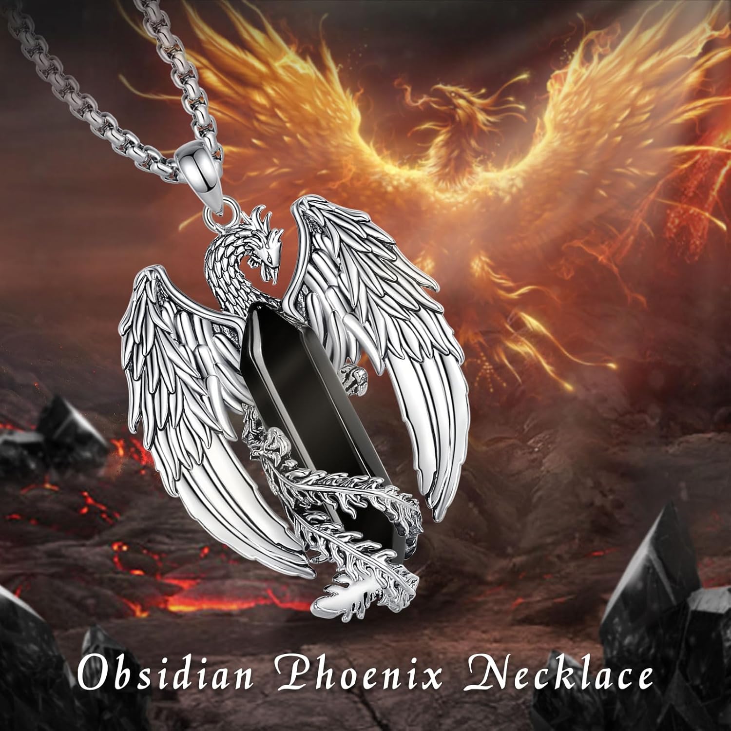 EUDORA Phoenix Necklace with Crystal for Women Men Silver Plated Copper, Vintage Viking Celtic Flaming Phenix Pendant Amulet Crystal Jewelry Gifts for Women Men,20"+2" - Image 4