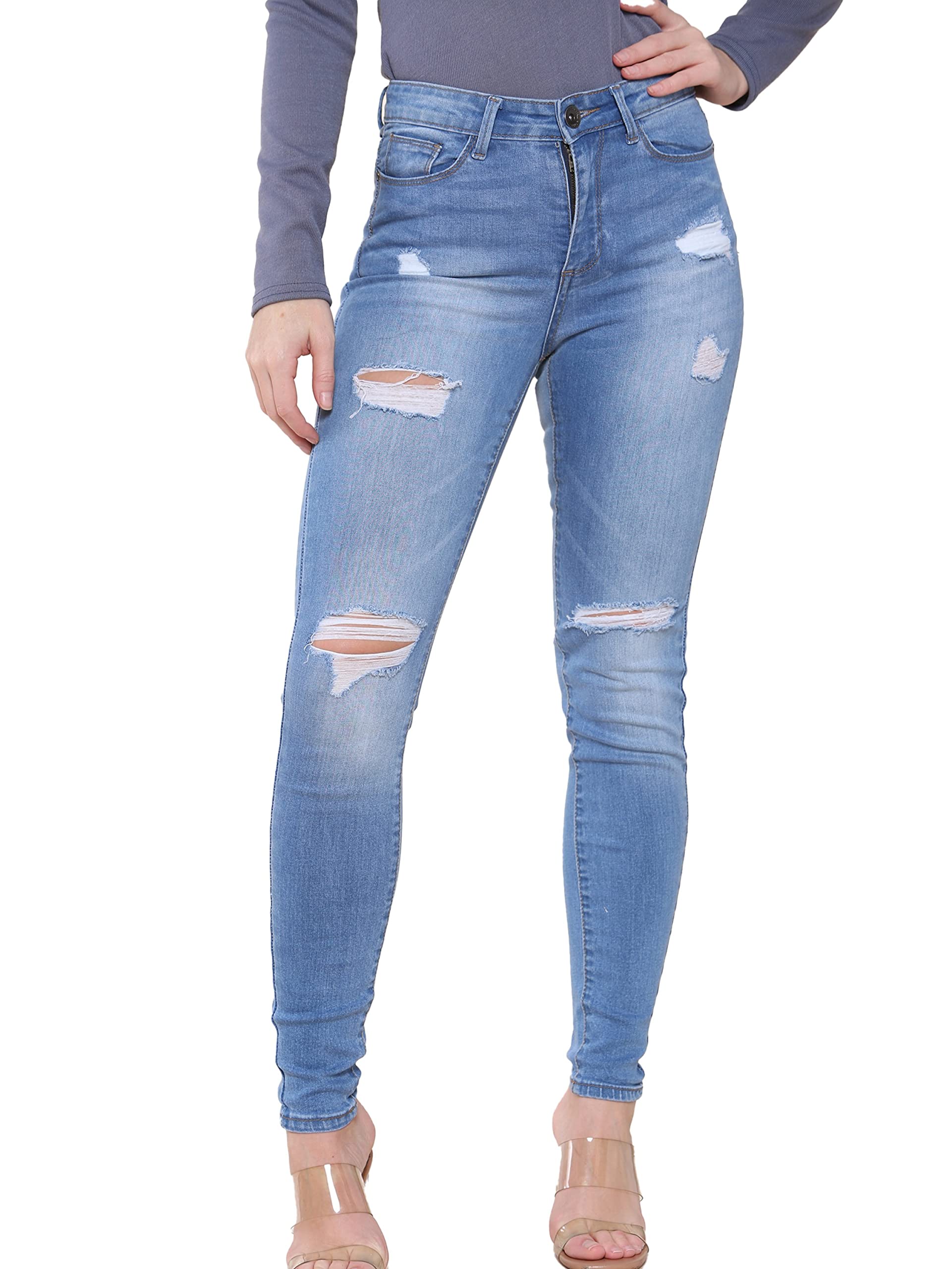 989Zé ENZO EZL417 Womens Jeans Skinny Stretch Ripped Trousers Ladies Denim Slim Fit Pants with Rips Waist Sizes UK 8-20 (18, Light Blue)