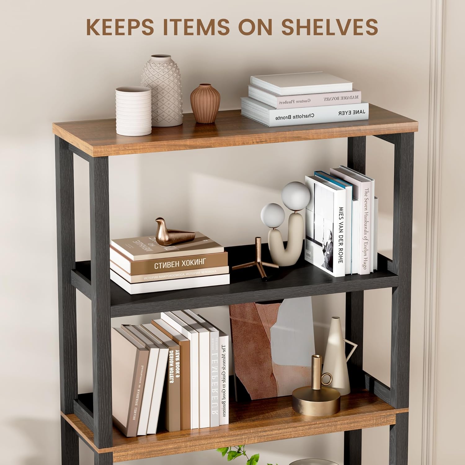 Vlsrka Wooden Bookshelf with Lights, 5 Tier Bookshelf with Storage, Tall Bookcase with Open Shelves, Standing Bookshelves Display Rack for Living Room, Home Office, Black