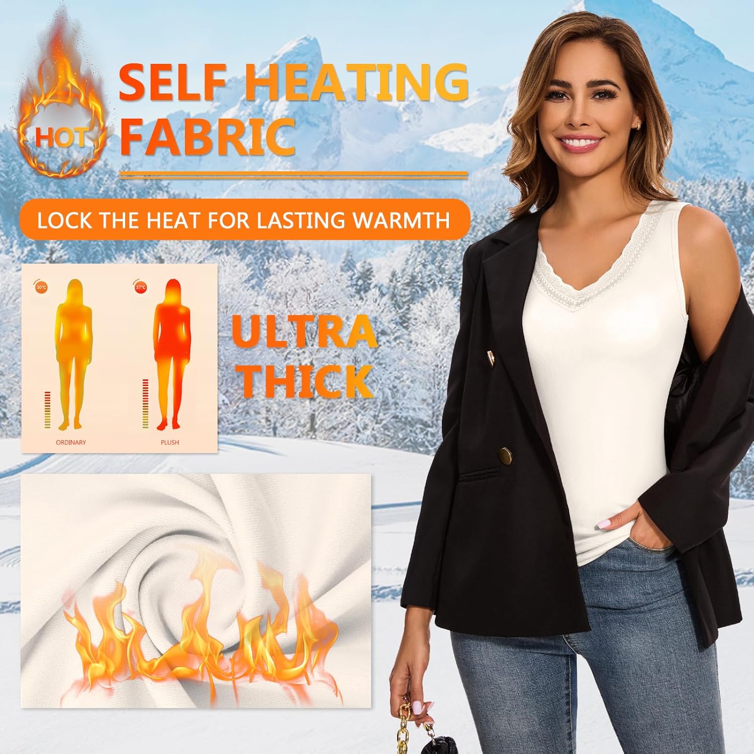 WOWENY Sleeveless Thermal Fleece Tank Top for Women V Neck Lace Tops Camisole Warm Base Layer Underwear Cold Weather - Image 2