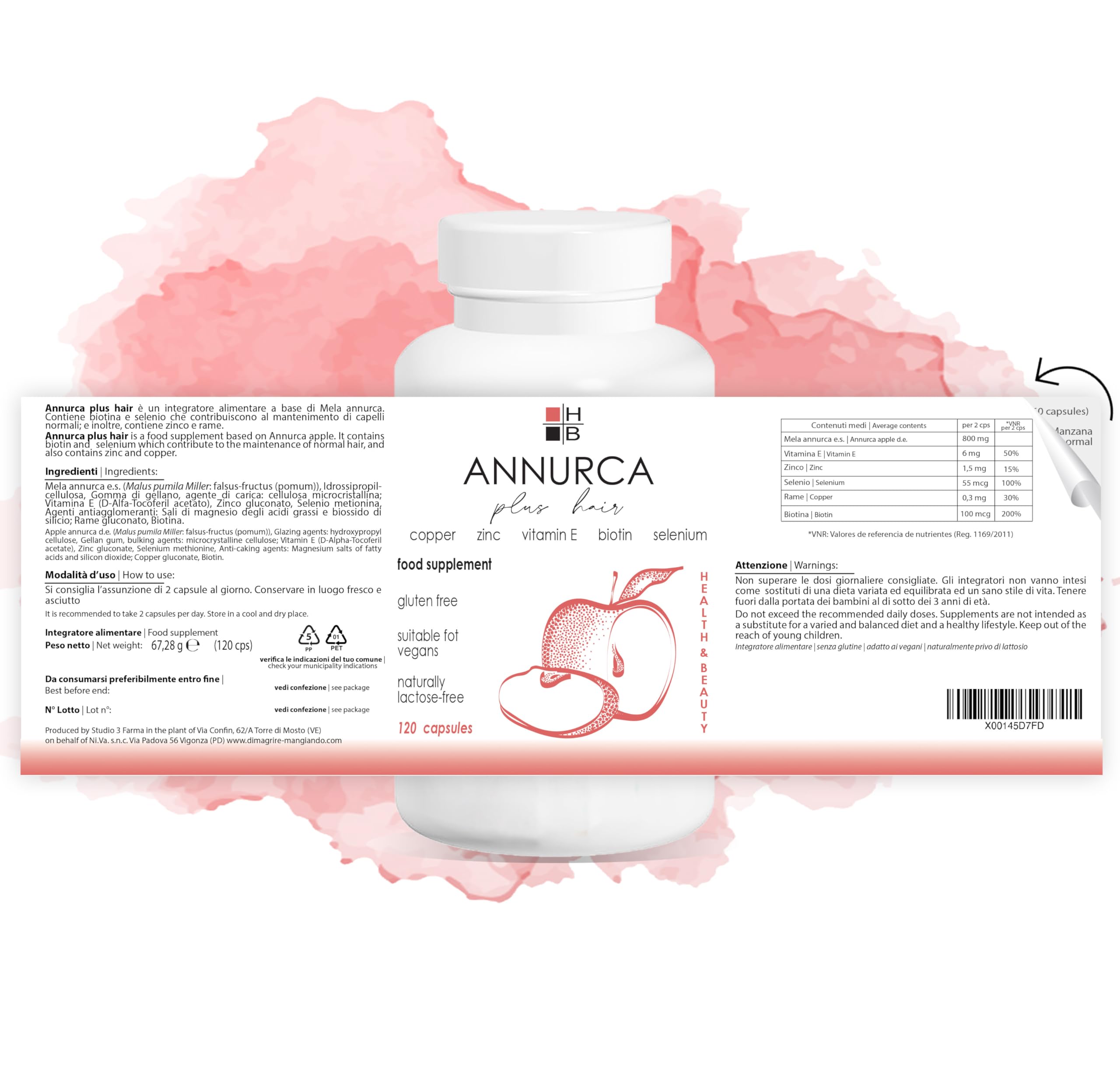 ANNURCA plus hair HB | 120 capsule | integratore alimentare | per capelli belli e forti | con vitamine e minerali | capsule acido resistenti | Prodotto Italiano