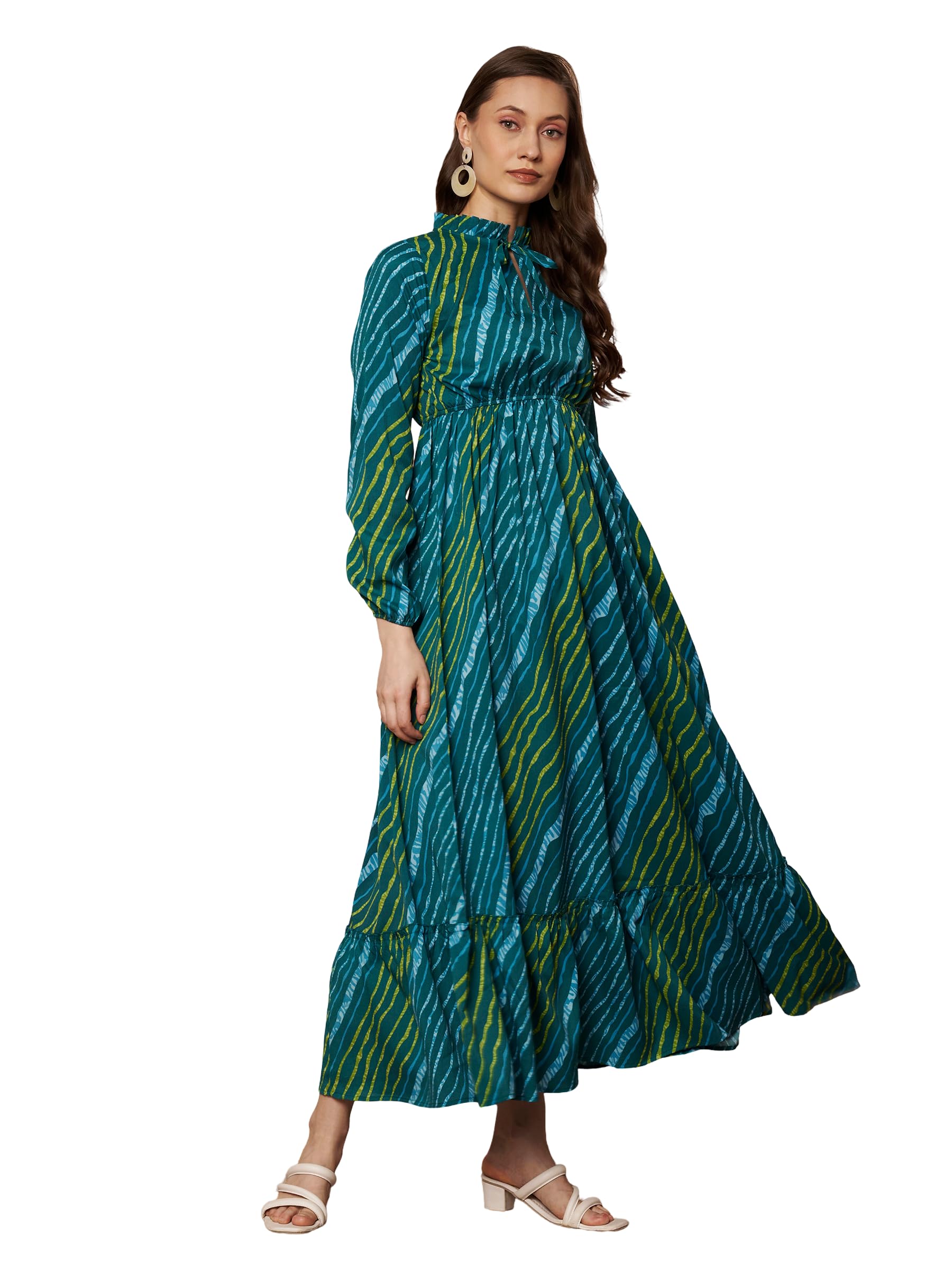 kzully | Dress for Women | Tie-Neck Ruffled Maxi | Boho Tiered Flared A-Line | Elegant High Collar | Elastic Waist Long Gown-picture-14