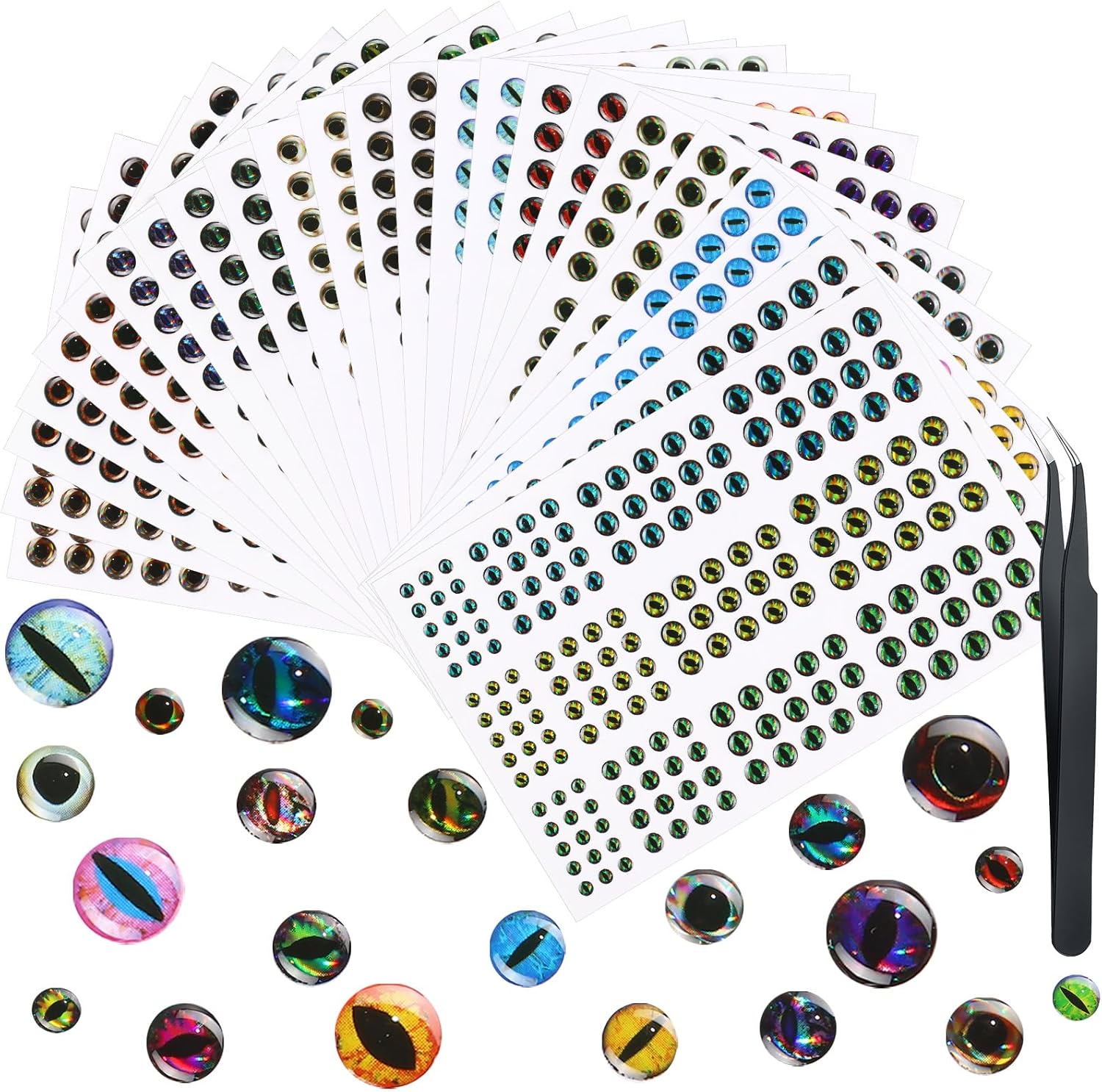 Skylety Fishing Lure Eyes 3D Artificial Eyes Stickers Assortment with 1 Piece Tweezer for Fishing Baits DIY Accessory, 3/4/ 5/6 mm