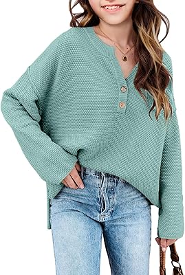 Girls Winter Sweaters 2026 Fashion Teen Tops Henley Kids V Neck Long Sleeve Loose Shirts Fall Warm Clothes
