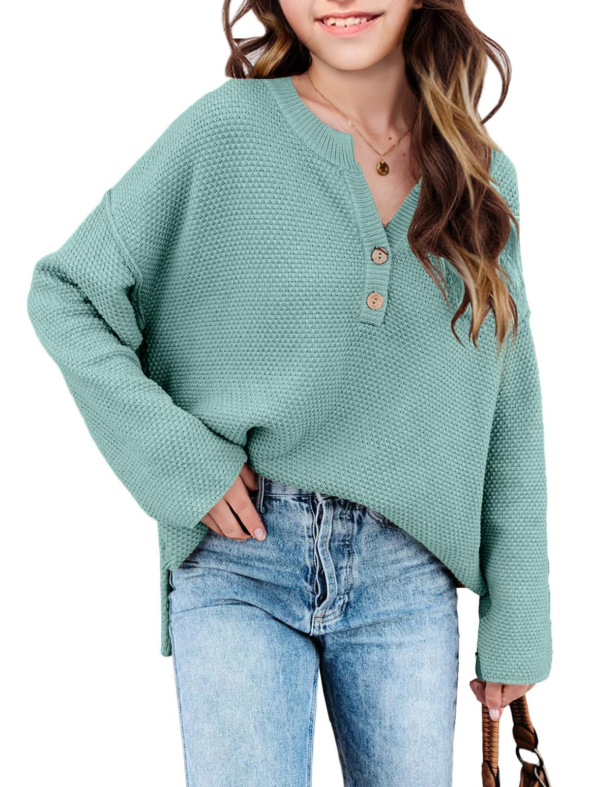 Seiciviy 2025 Fashion Henley V-Neck Sweater - Loose Fit Winter Warmth for Teens