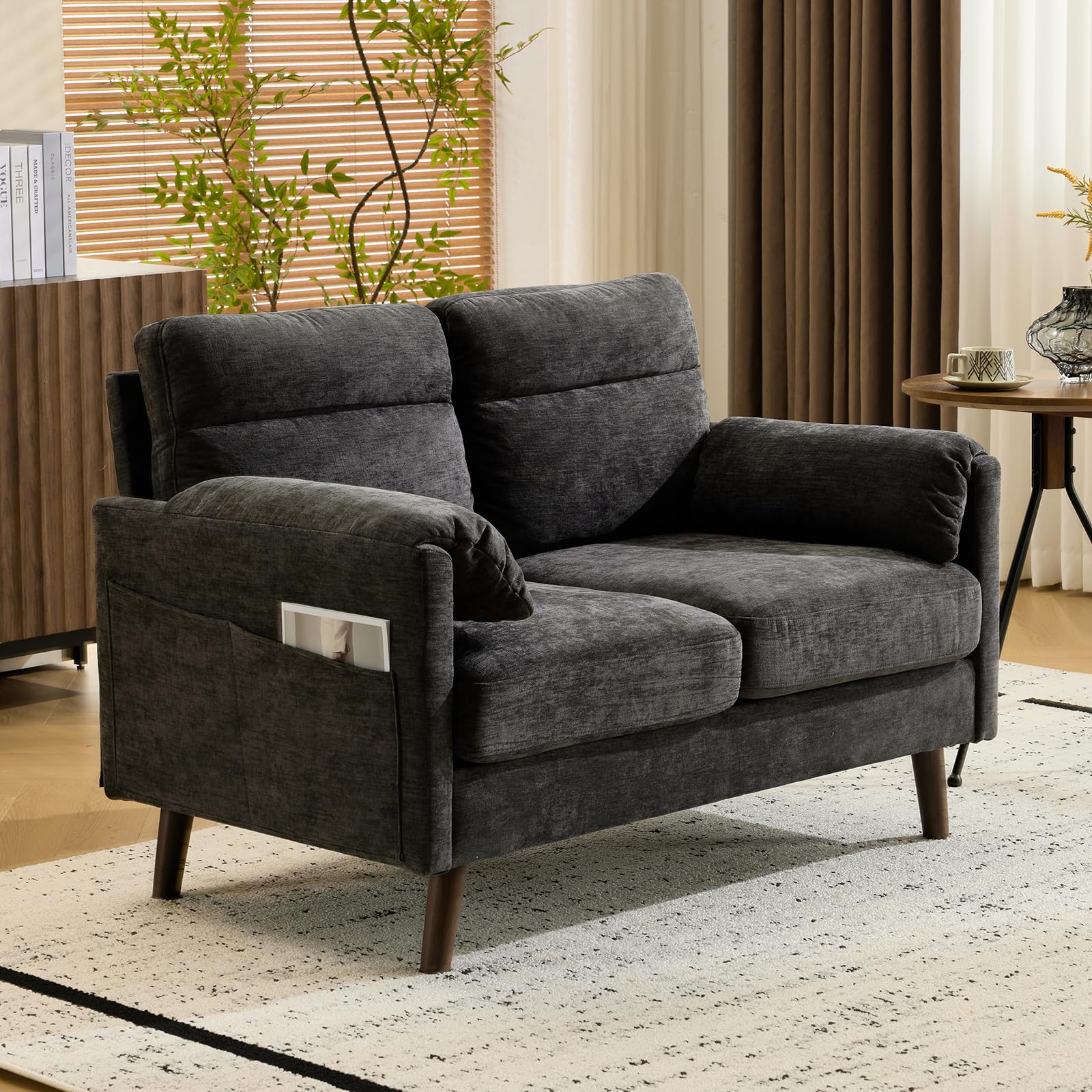 Bonnlo Sofa 2 Sitzer klein, 125cm Couch mini, Kleine Stoffcouch mit weichen Armlehnen, Kleines Sofa für Büro, Wohnzimmer, Schlafzimmer und Arbeitszimmer,Einfache Montage, Leinen (Dunkelgrau)