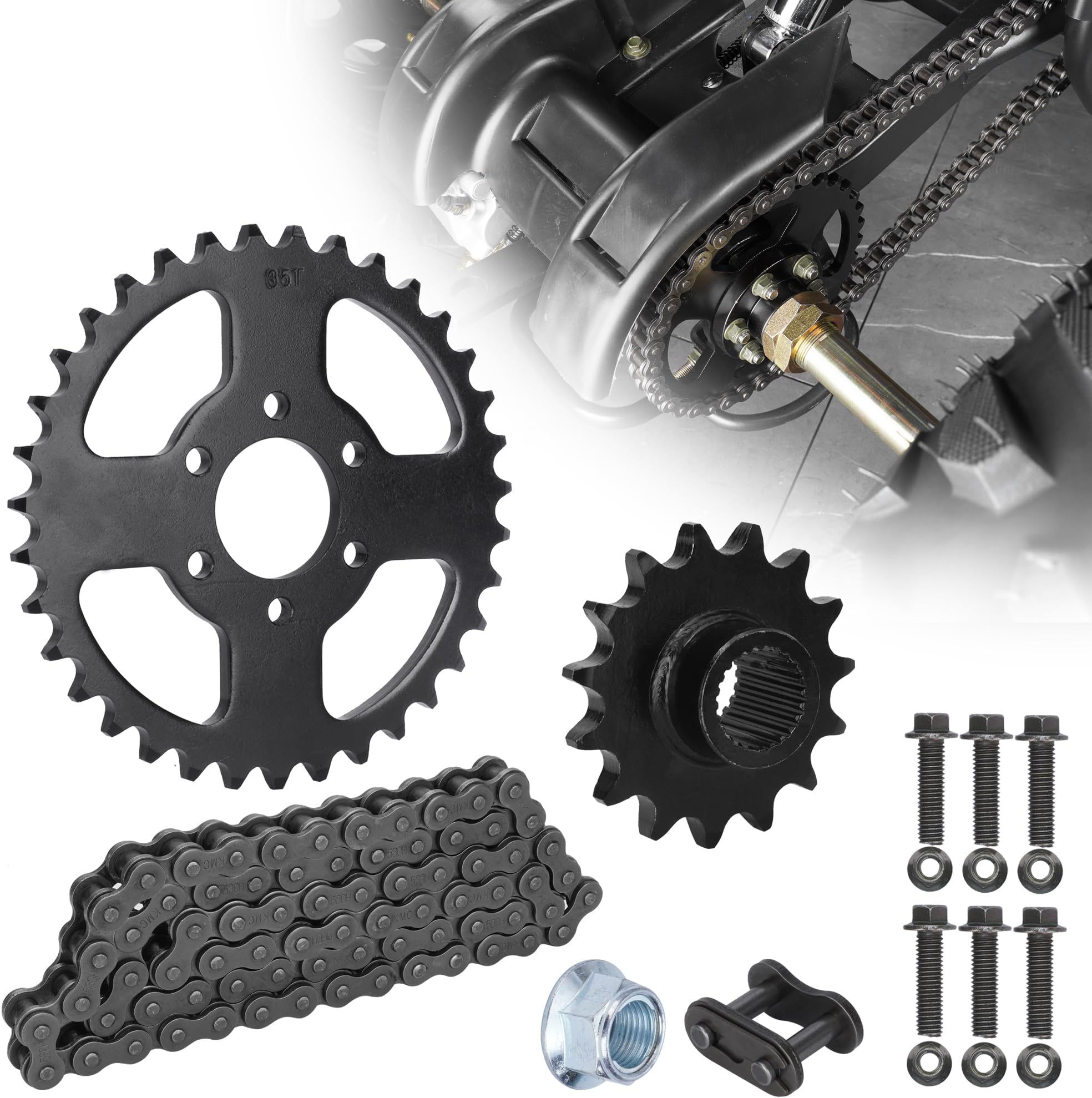 RUTU 530 Chain Sprocket Kit, 530 35T Rear Chain Sprocket, 530 15T Front Sprocket, 530 Chain 90 Links for GY6 150cc 200cc 250cc ATV UTV Go Kart Buggy TaoTao Chinese Quads