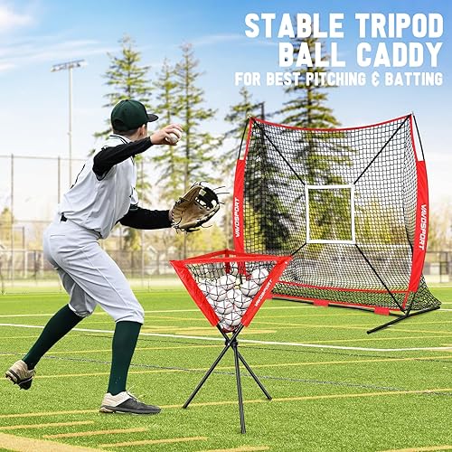 Miniatura 5 de Red de softbol y béisbol de 7 x 7 pies, sistema de recolección de pelotas grandes con zona de ataque, camiseta, cesta, equipo de entrenamiento