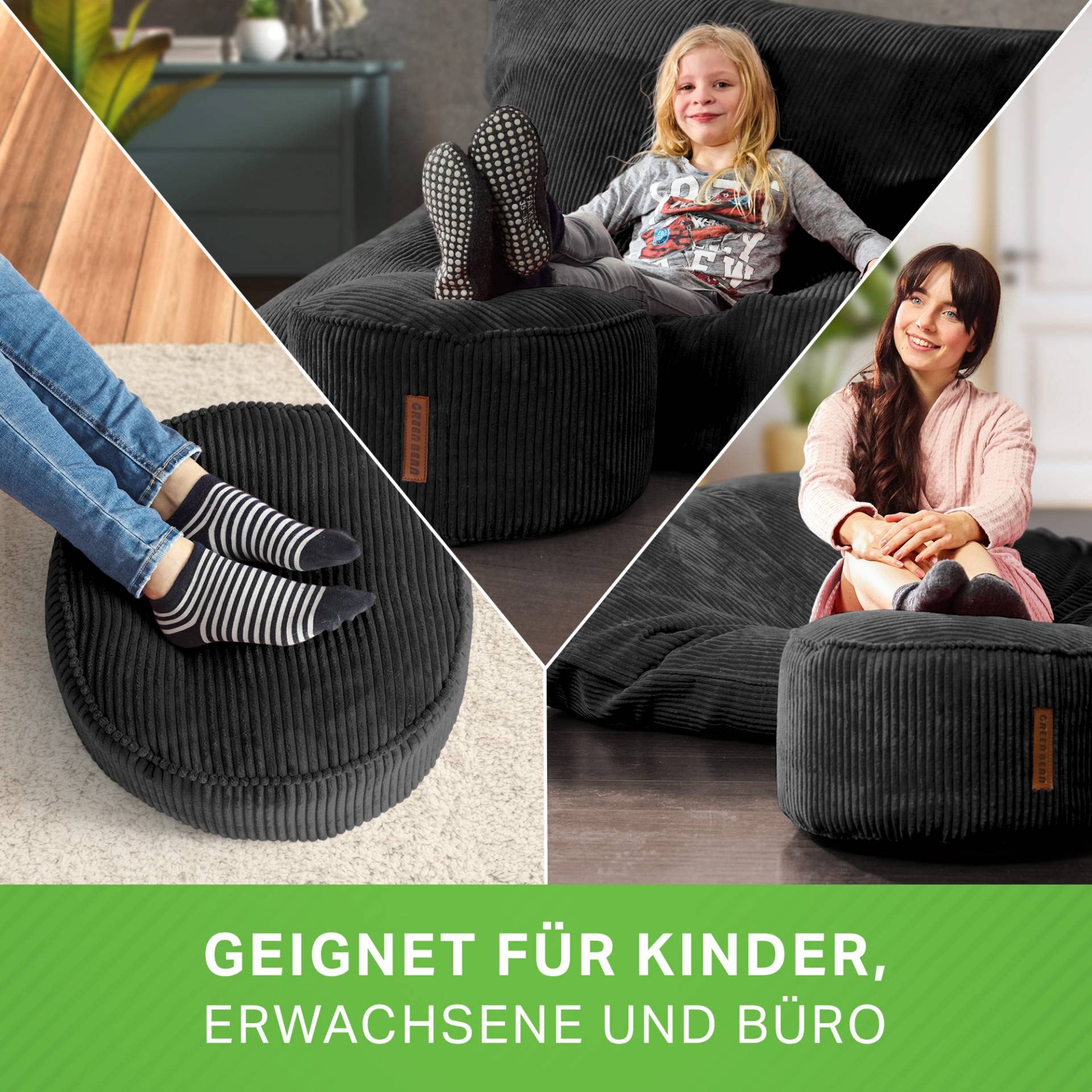 Green Bean Indoor Sitzhocker Pouf 45x25cm EPS-Perlen Füllung Cordstoff Waschbar Schwarz