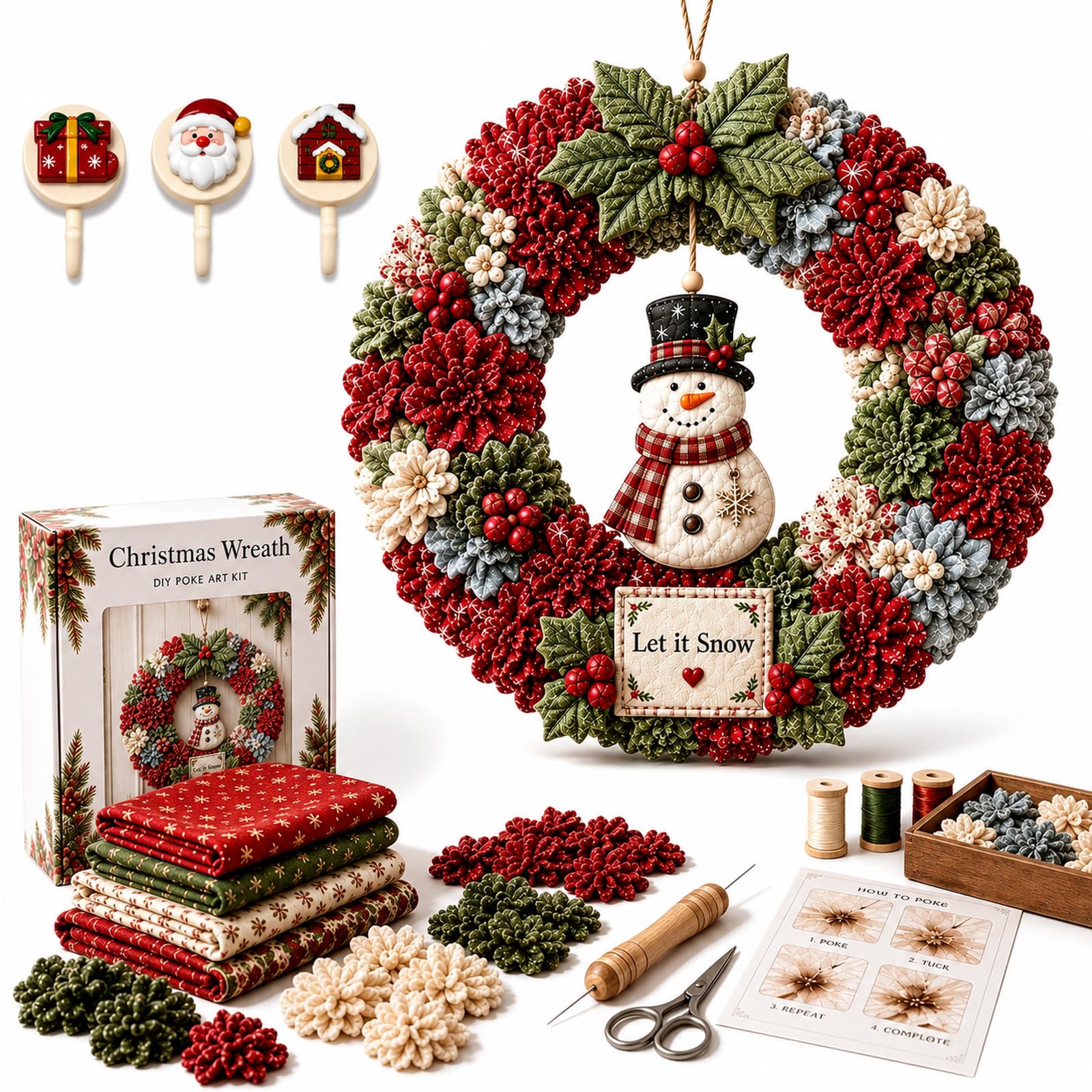 3D Christmas Fabric Poke Wreath Art Kit DIY With 3 Holiday Hooks