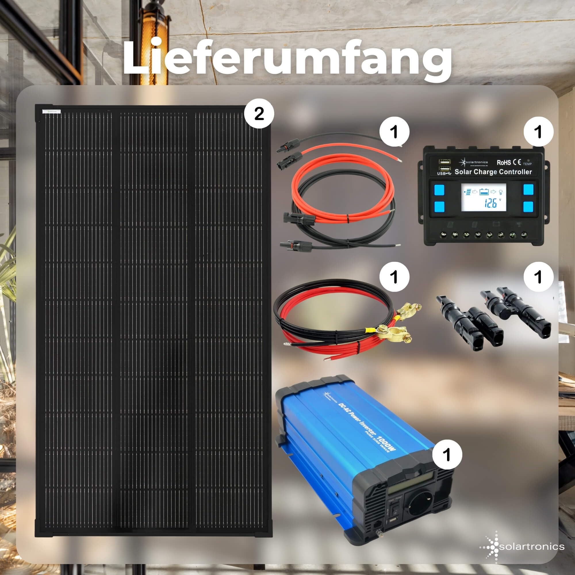 SOLARTRONICS Komplettset 2x120 Watt Solarmodul 1070x580x35, FSD 1000W 12V Spannungswandler 20A Laderegler