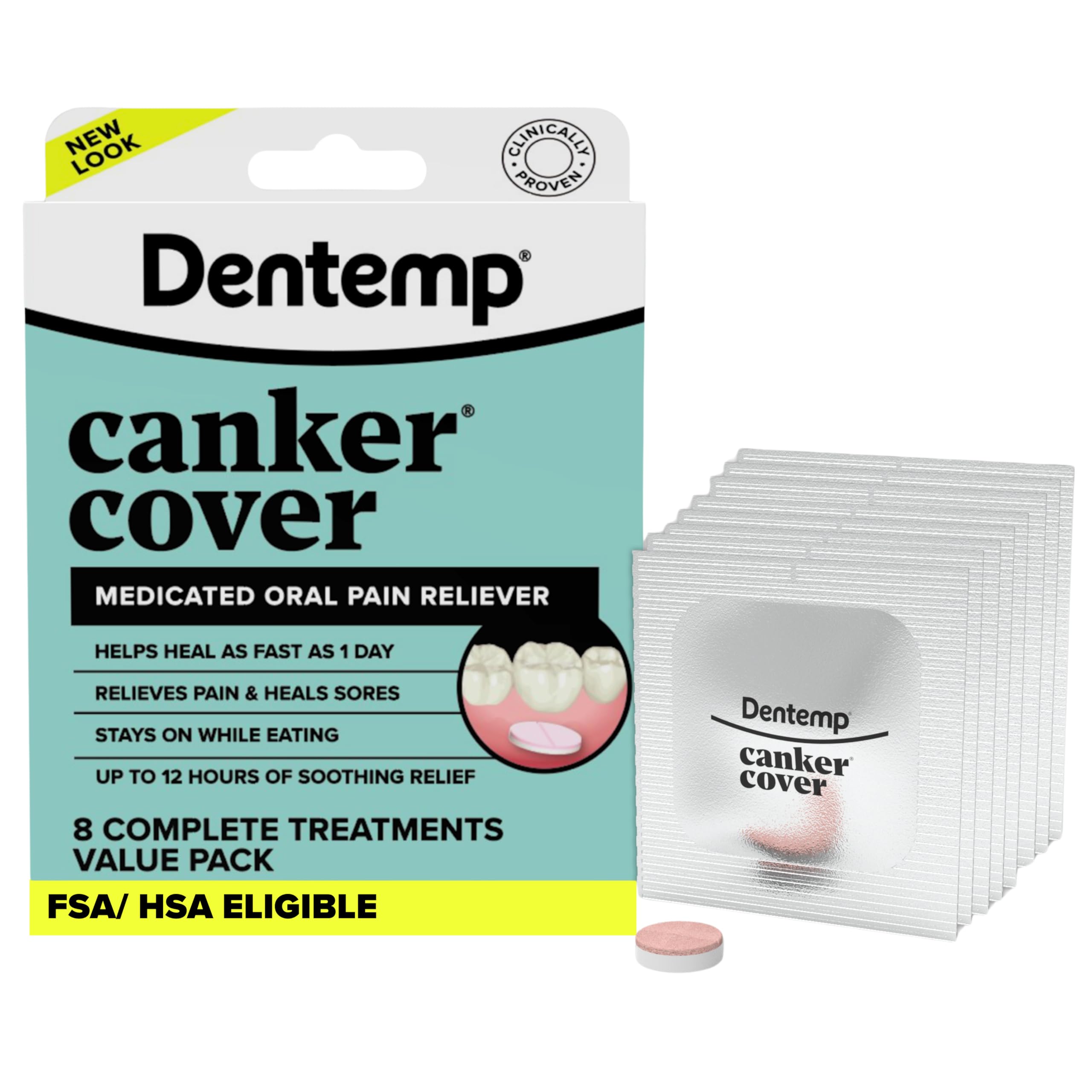 Dentemp Canker Cover - Canker Sore Medicine Pain Reliever (8 Count) - Canker Sore Treatment to Relieve Canker Pain, Mouth Sores & Mouth Irritation - Fast Acting Canker Sore Relief Tablets for Adults