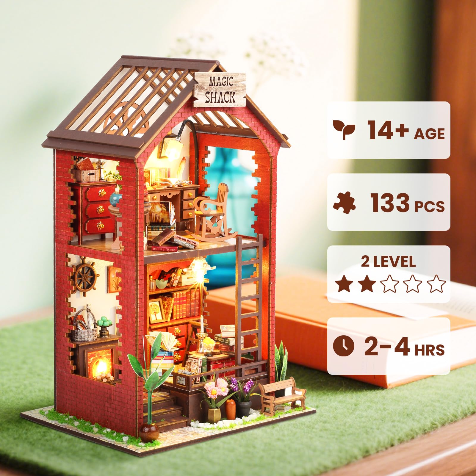 shrike Book Nook- Kit casa delle bambole in miniatura in legno, puzzle 3D con mobili e illuminazione a LED, giocattoli educativi e accessori - 14+ Ragazze e ragazzi