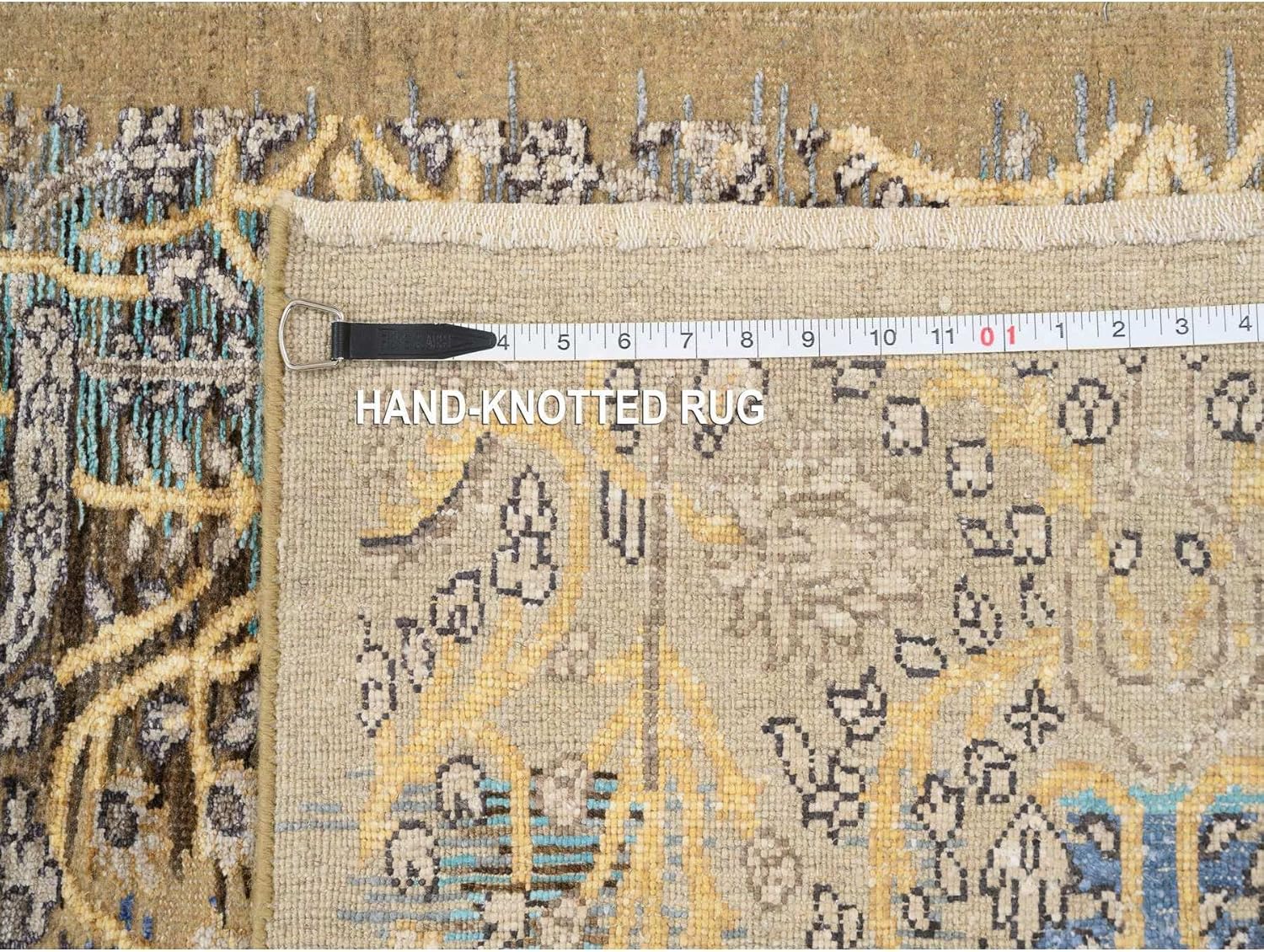 Gold Brown Transitional Saroogh Silk with Textured Wool Hand Knotted Runner Oriental Rug (2'6"x12'1")