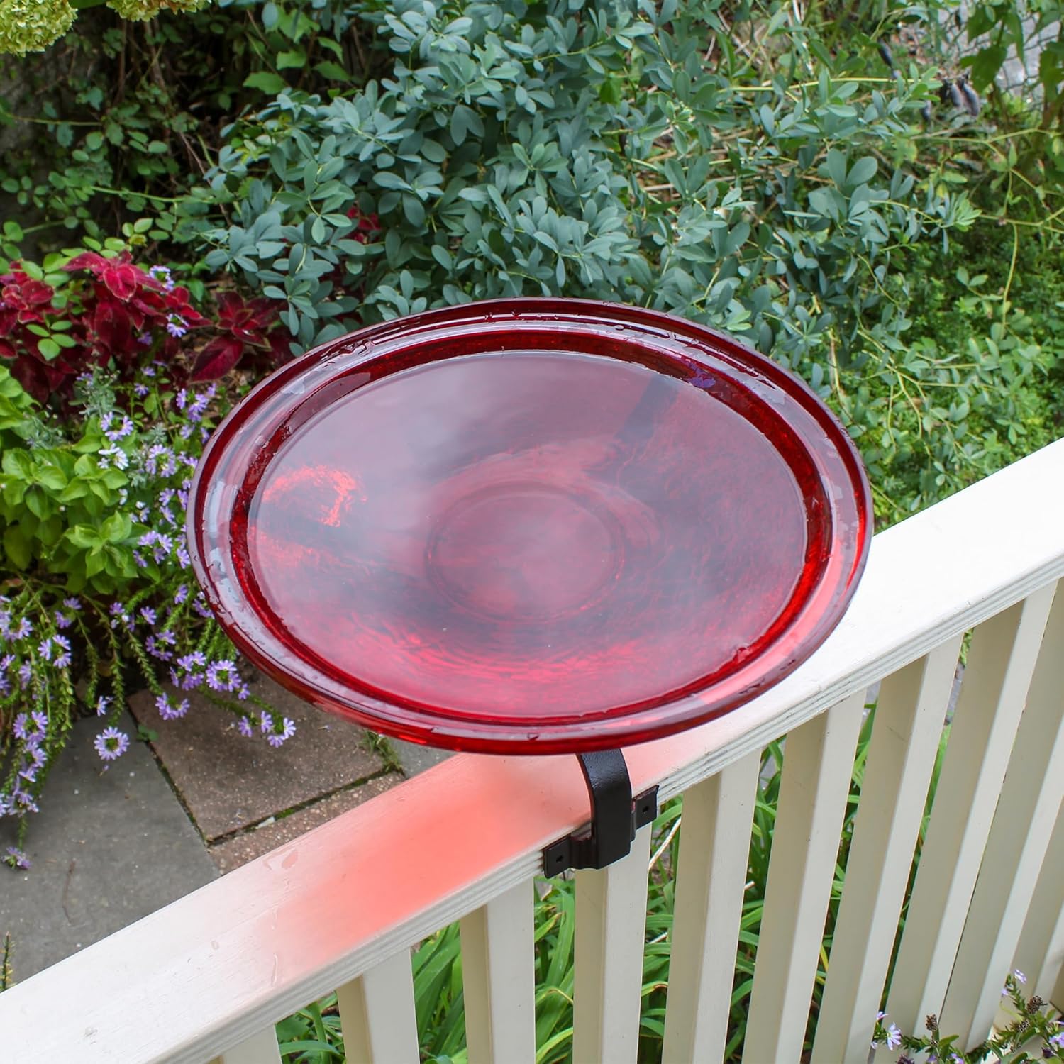 14" Red Crackle Birdbath- Over Rail Bracket