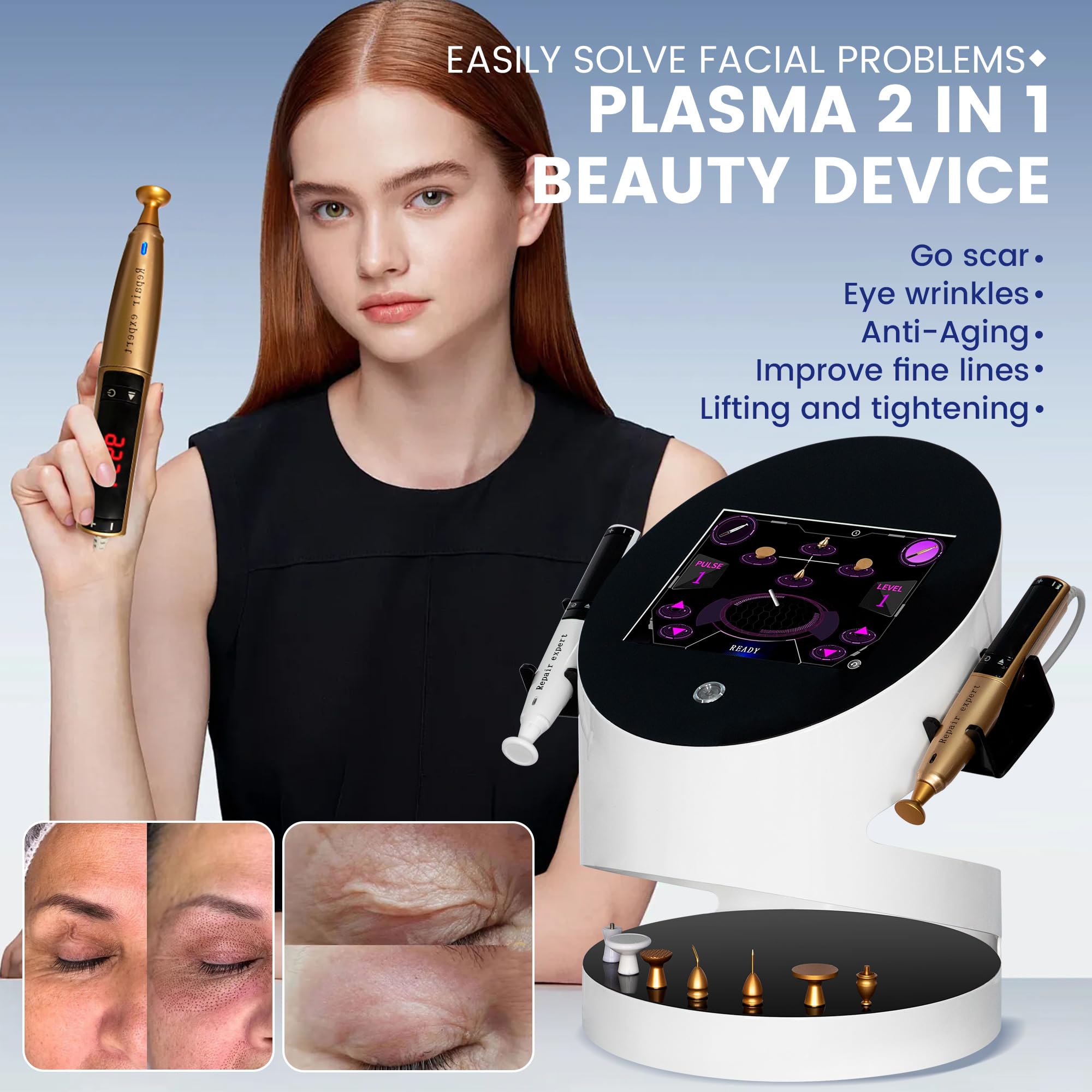Macchina viso al plasma 2 in 1 con ozono e manipolo dorato
