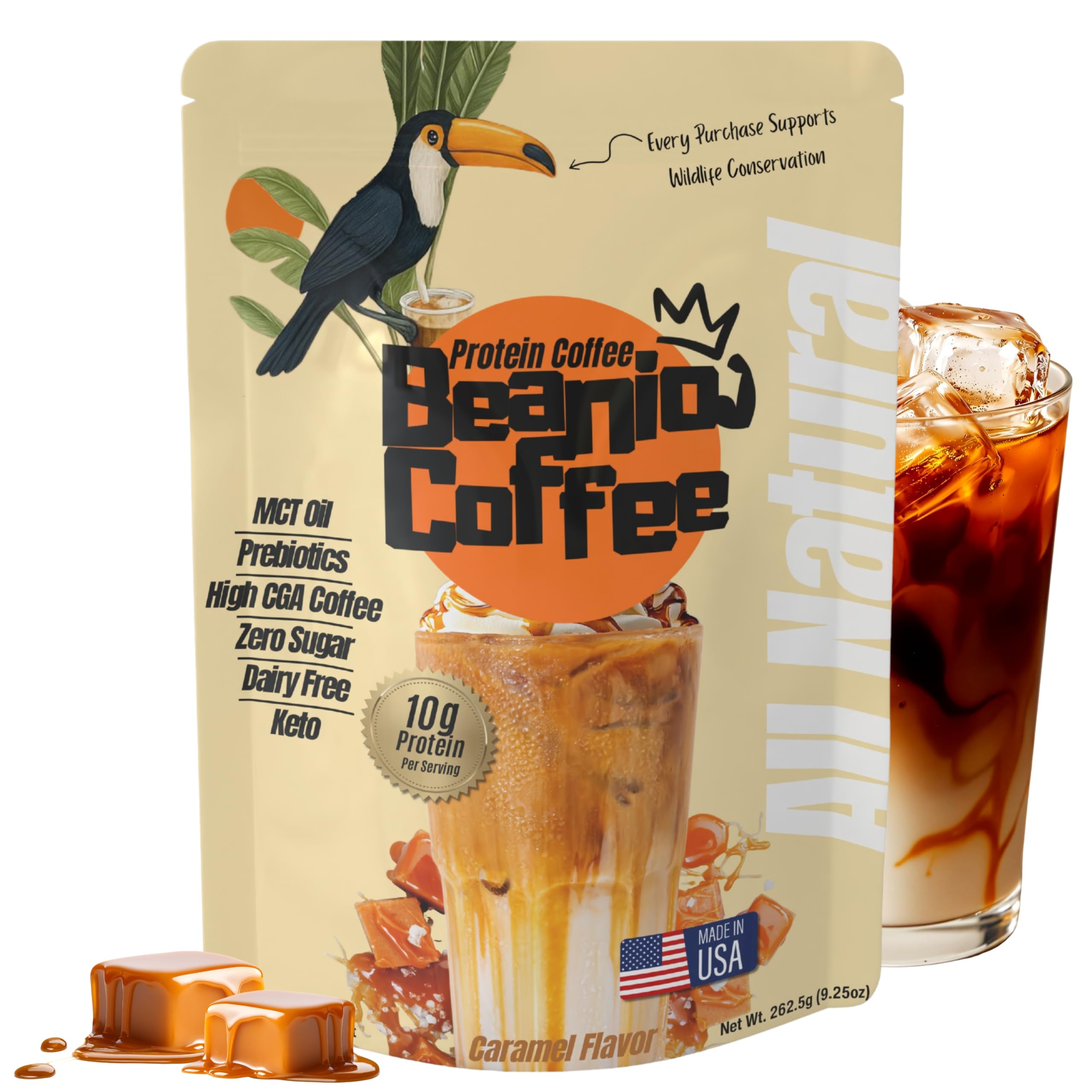 Beanio Café proteico instantâneo sabor caramelo com peptídeos de colágeno, 100 mg de cafeína, 15 porções