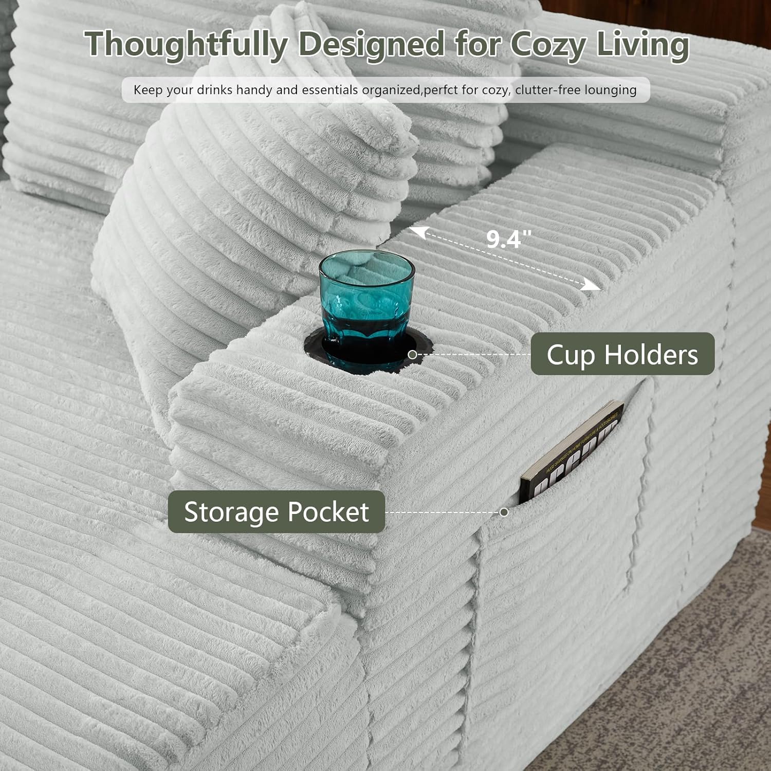 134" Oversized Modular Sectional Sofa, Comfy Corduroy U Shaped Boneless Couch with Cup Holders & Storage Pockets, Deep Seat Cloud Sectional Couches for Living Room No Assembly, Light Grey