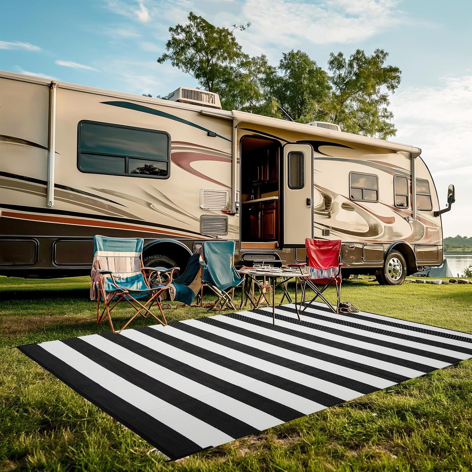 STRICKLANDHOME Outdoor Rug 6 x 9 ft, Reversible Plastic Straw Rug for Patio, Waterproof Large Outdoor Carpet for RV, Patio, Camping, Backyard, Deck, Picnic, Beach, Black & White