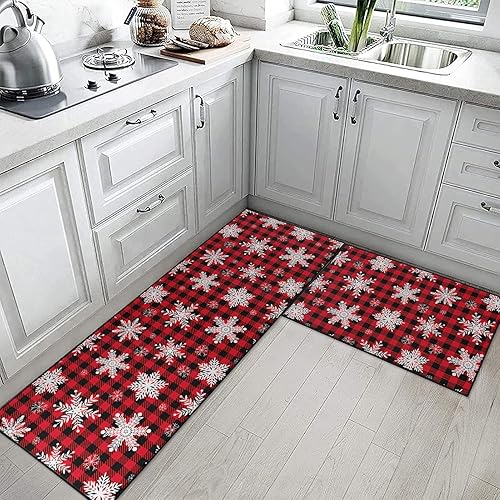 Miniatura 2 de ArtSocket Juego de 2 alfombras y tapetes de cocina antideslizantes y lavables, diseño de copos de nieve navideños, cuadrícula roja, alfombra de