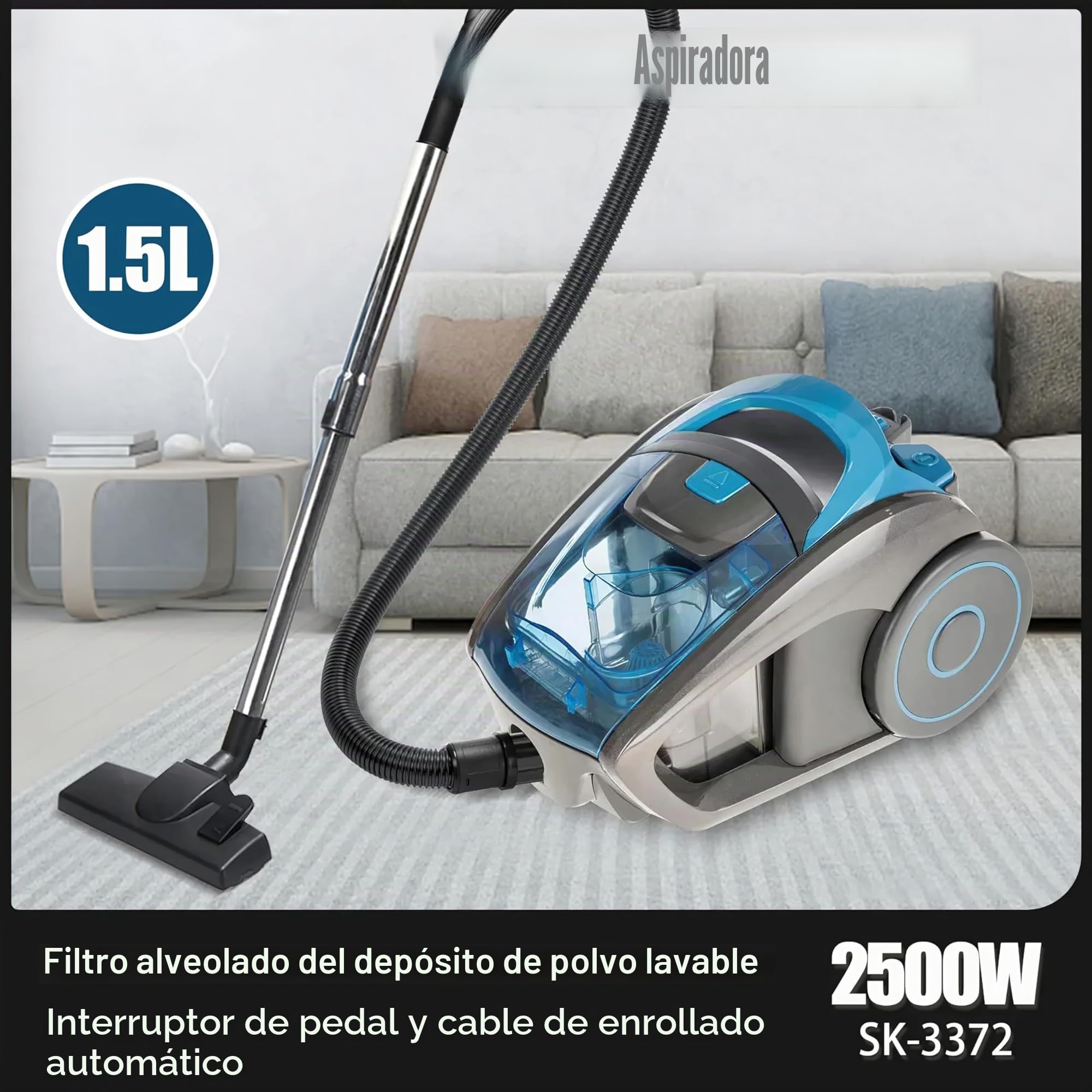 Eznaobo Aspiradora sin bolsa, 2500 W, con filtro HEPA, boquilla de suelo para suelos duros y alfombras, cable de alimentación de 5 m, capacidad de depósito de polvo de 1,5 litros, color azul