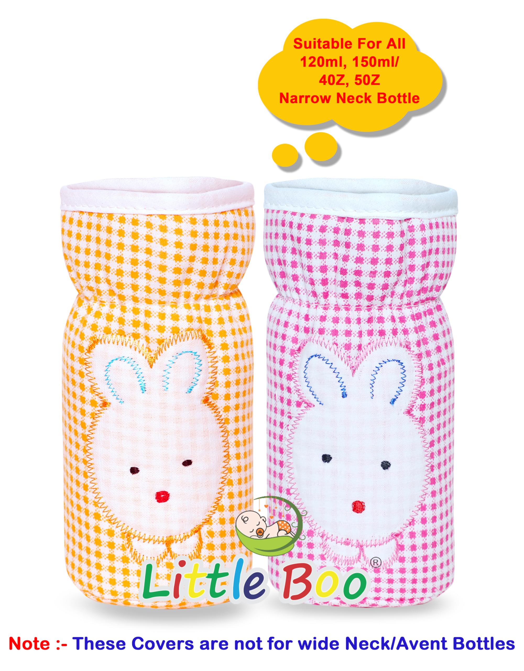 Little Boo Soft Plush Stretchable Baby Feeding Bottle Cover with Easy to Hold Strap | Check Design Cotton Pack of 2 (Pink and Orange,Narrow Neck Fits Upto 150ml) - Image 3 thumbnail