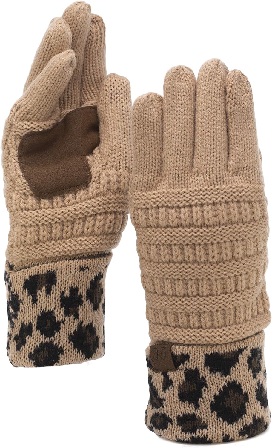 C.C Unisex Cable Knit Winter Warm Anti-Slip Touchscreen Texting Gloves, Leopard Camel