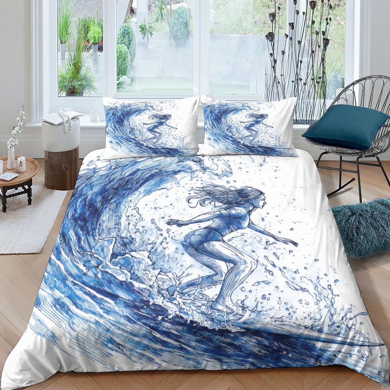 GPLZQXKJNH 3D Printed Surfing Ocean Wave Duvet Cover Microfiber Soft Breathable Blue Sea Bedding Set with 2 Pillowcases for Bedroom Home Decor Single（135x200cm）