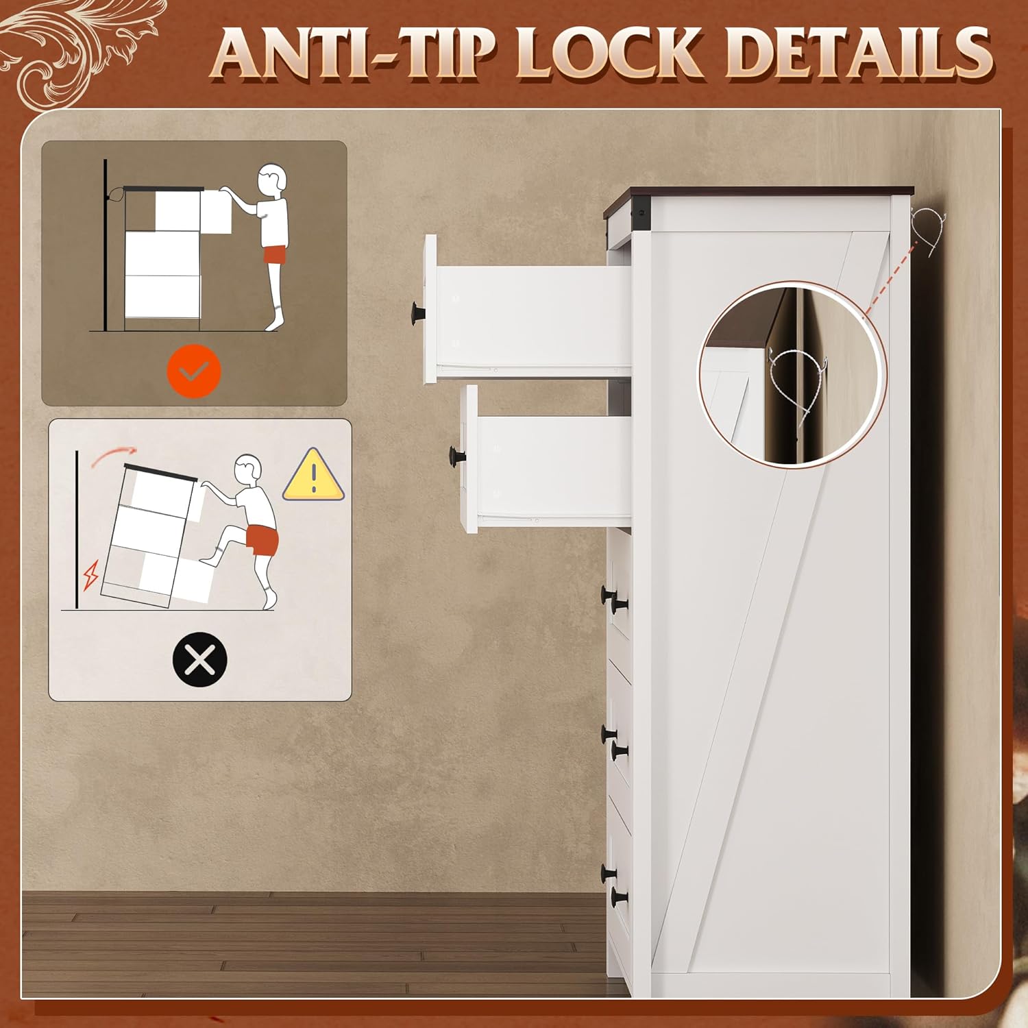 Diagram showing proper installation of anti-tip lock and warning against climbing