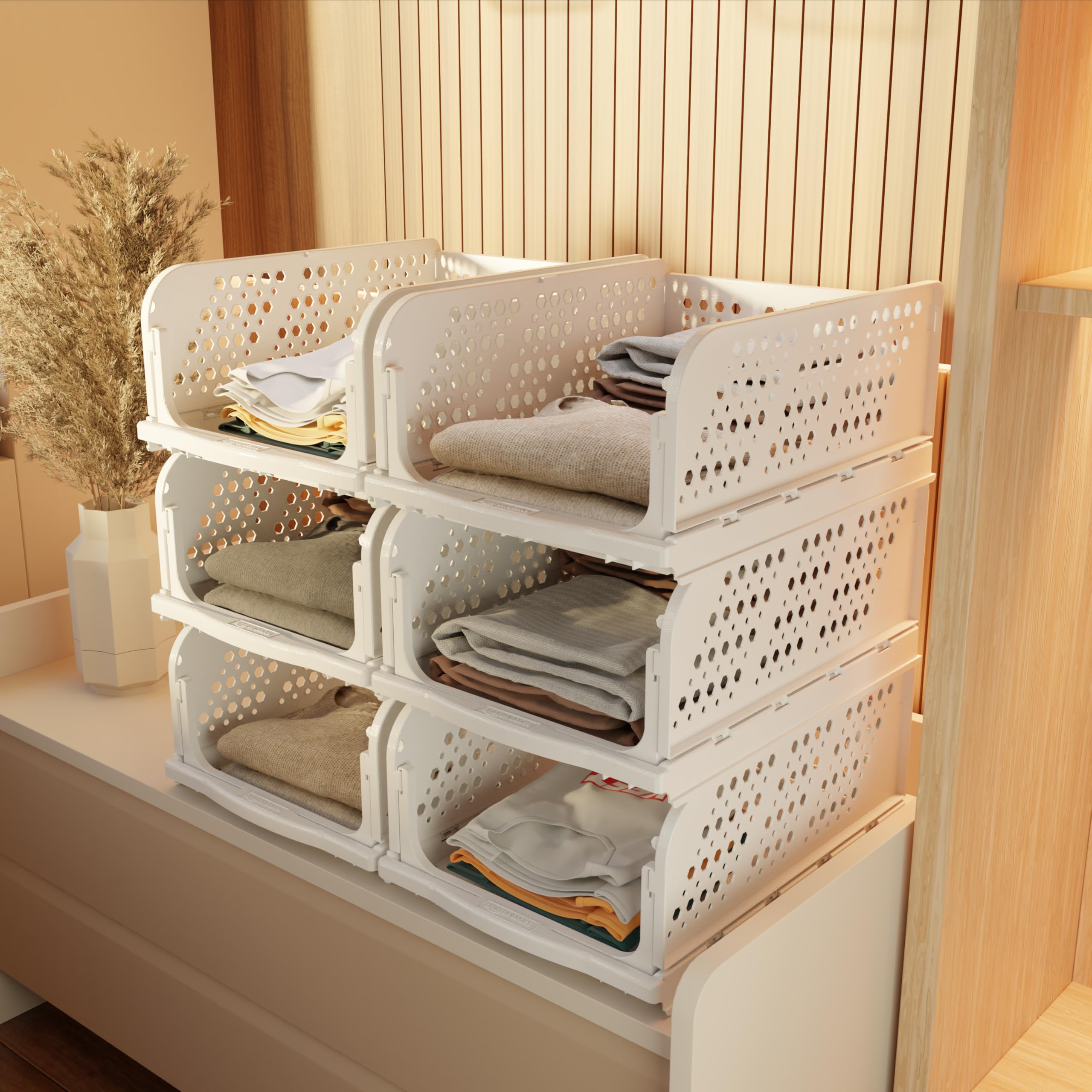 amazon basics Clothes Organizer for Wardrobe | Foldable & Stackable Closet Organizer| 6 Pieces| White|Foldable Shirt Storage Stacker for Wardrobe| 33L x 44W x 19H cm,White, Drawer Organizers