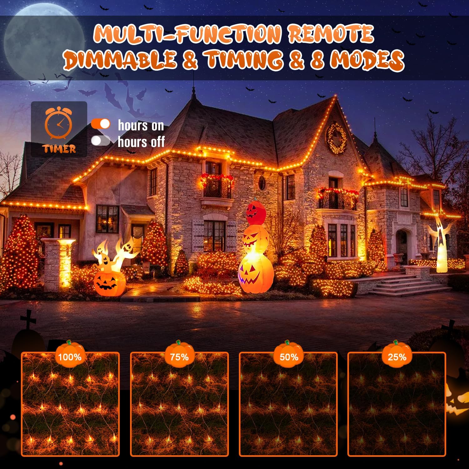 JMEXSUSS 200 LED Orange Net Lights for Halloween, 9.8ft x 6.6ft Connectable Halloween Net Lights Outdoor Waterproof, 8 Modes Plug in Orange Light for Thanksgiving Bushes Tree Decor Fall Festival