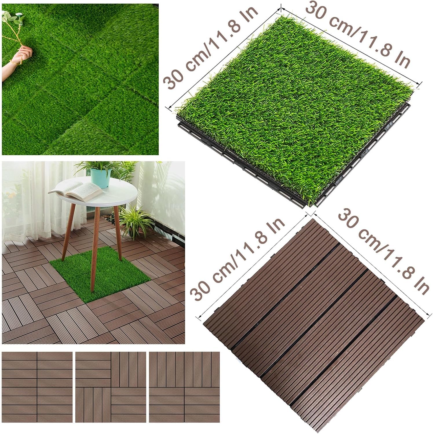 Dalles et lames de terrasse en composite, Tuiles de terrasse emboîtables en bois carrées multicolores, 11 pièces, for revêtement de sol extérieur(Artificial Green Grass)
