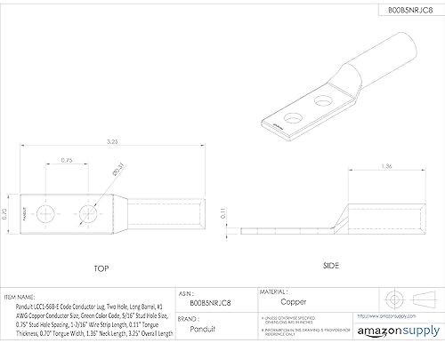 Miniatura 2 de Panduit LCC1-56B-E Conductor de Código Conductor de Cobre de Compresión LCC1-56B-E, 2 agujeros, #1 AWG, Perno de 516 pulgadas, Espacio entre
