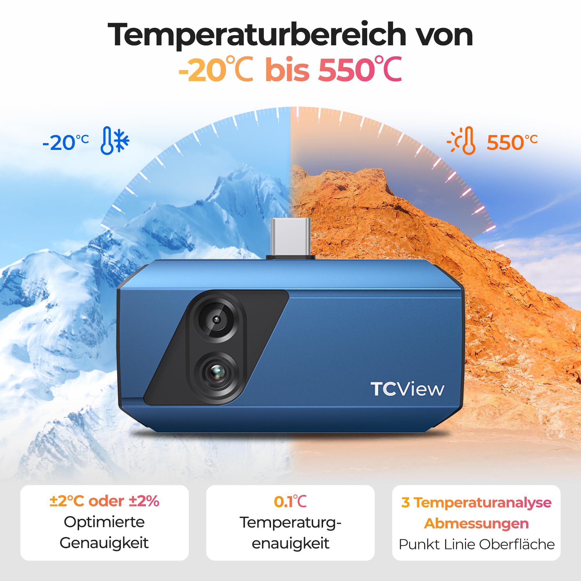 TOPDON TC001 Plus Wärmebildkamera Android, 512x384 TISR-Auflösung mit Visueller Kamera, –20°C~550°C Temperaturbereich, 25Hz Bildfrequenz, Dual-Objektiv Wärmebildkameras für Smartphone,Tablet und PC