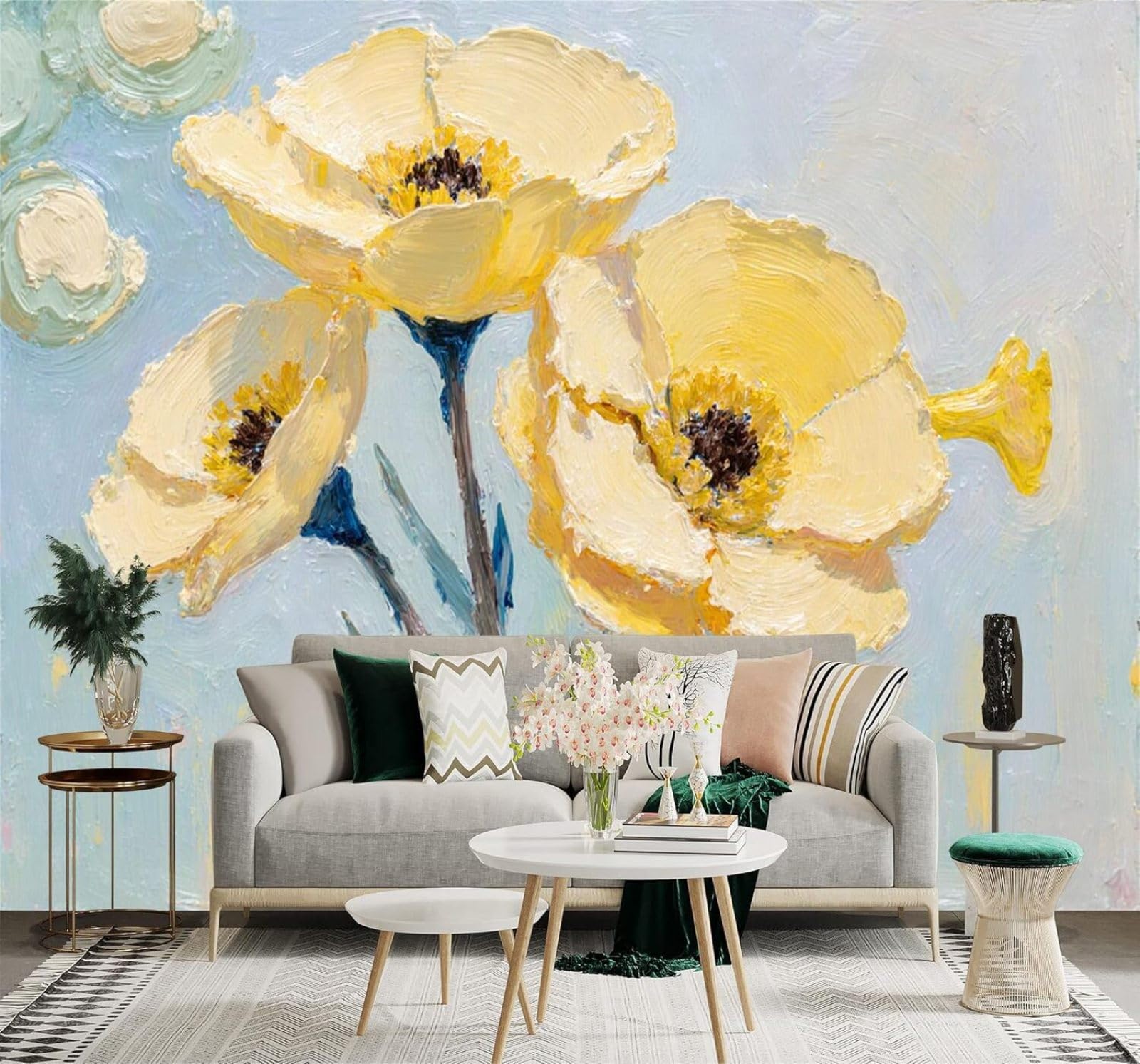 3D Carta da Parati Minimalista Disegnato Mano Fiori Gialli Astratto Azzurro