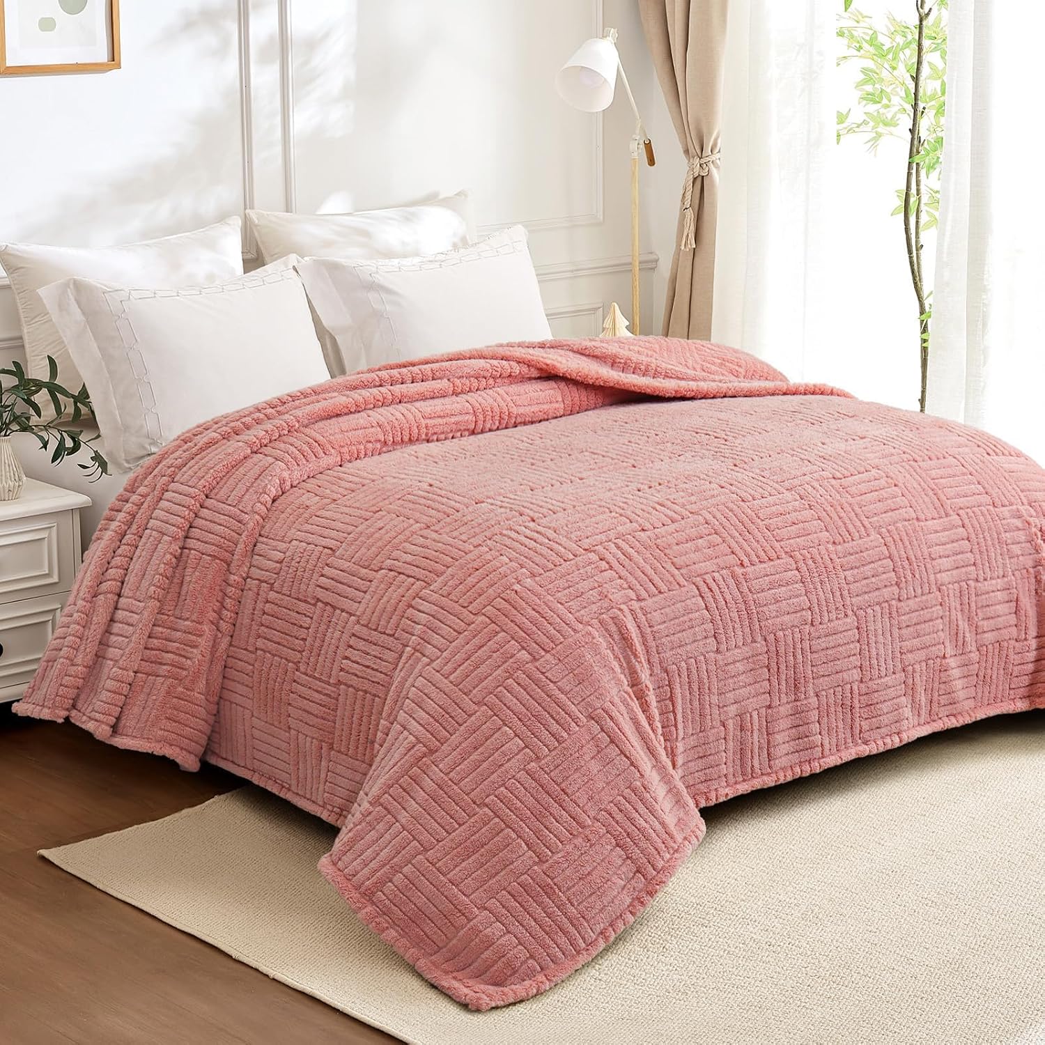 Whale Flotilla Lightweight Fleece Twin Size Blanket for Bed, Fuzzy Soft Blankets with Decorative Jacquard Pattern for All Season, Cozy and Fluffy, 60x80 Inch, Pink