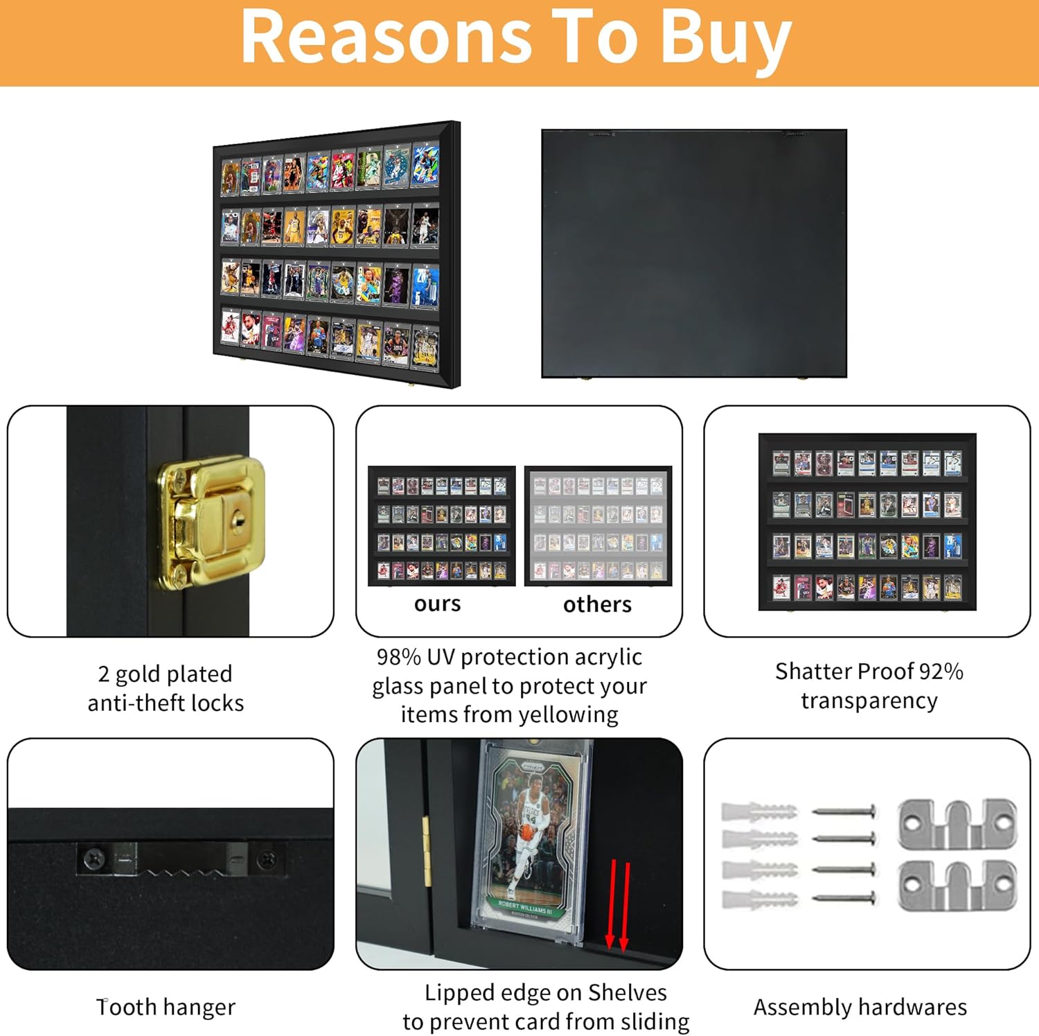 Baseball Card Display Case 36 Graded Sports Card Display Frame, Holds Sport Cards with UV Protection Clear View Lockable Wall Cabinet for Baseball Football Basketball Hockey Comic Trading Cards