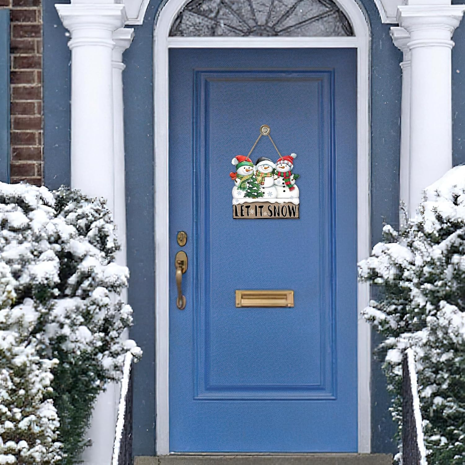 Winter Snowman Front Door Sign, Let It Snow Pine Tree Farmhouse Wood Hanger Outdoor Outside Porch Home Decor, Rustic Christmas Snowflake Wooden Wreath Indoor Wall Hanging Decoration - Image 4