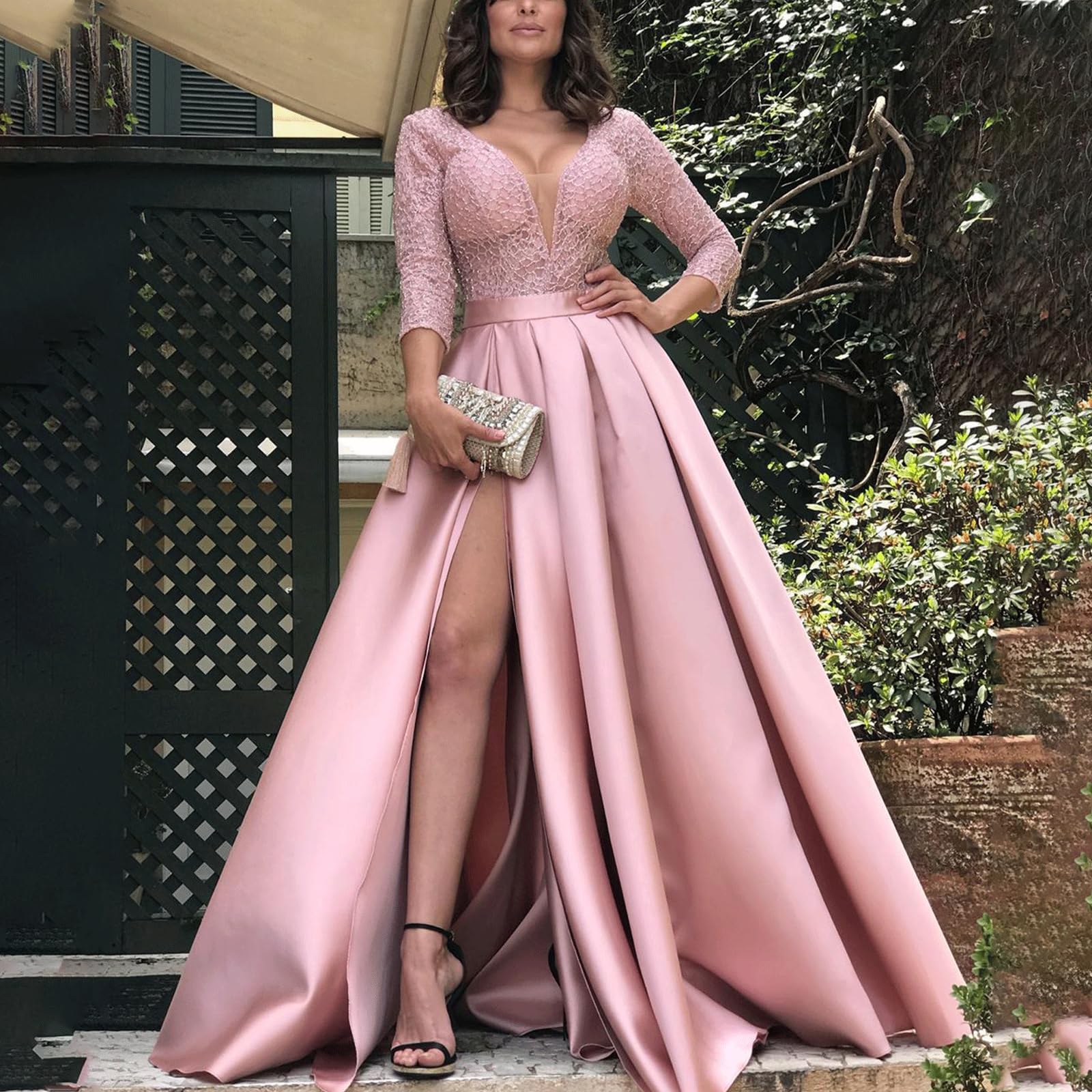 FGRID Vestido de Fiesta de Manga Larga con Cuello en V para Mujer, Elegante Vestido de Fiesta de Raso hasta el Muslo, Vestido de Fiesta Formal de Dama de Honor de Boda