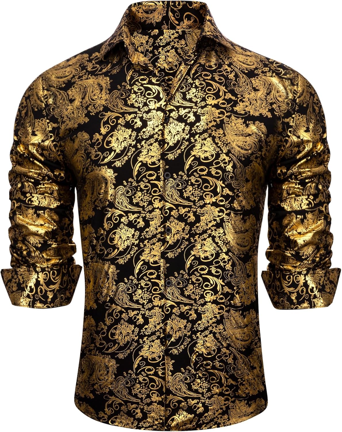 Barry.Wang Men's Disco Dress Shirt Long Sleeve Nightclub Mexico Paisley Floral Shirts Metallic Gothic Shiny Button Down Shirt - Image 2