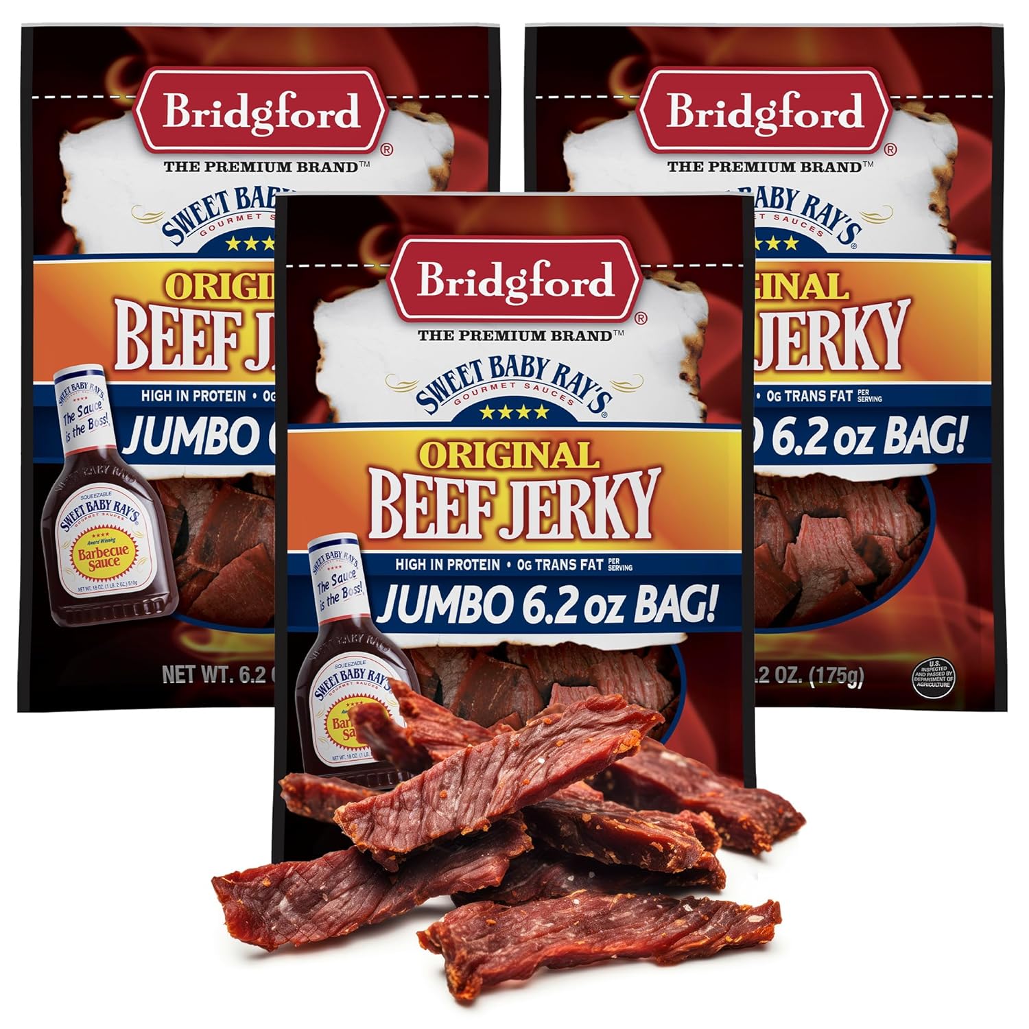 Bridgford Sweet Baby Ray’s Beef Jerky Original 6.2 oz Pack of 3 - Healthy High Protein Beef Jerky for Your Dietary Preferences - Ready-to-Eat Snacks for On-the-Go Snacking and Busy Lifestyles