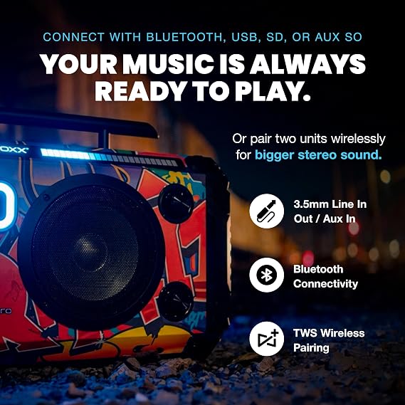 Bumpboxx Flare8 Pro Retro Bluetooth Boombox Speaker, Premium Portable Party Speaker with Deep Bass, Rechargeable Battery, 2 Wireless Microphones, Guitar Input, Remote & Carrying Strap, Black