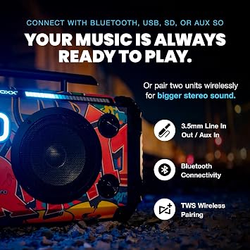 Bumpboxx Flare8 Pro Retro Bluetooth Boombox Speaker, Premium Portable Party Speaker with Deep Bass, Rechargeable Battery, 2 Wireless Microphones, Guitar Input, Remote & Carrying Strap, Black