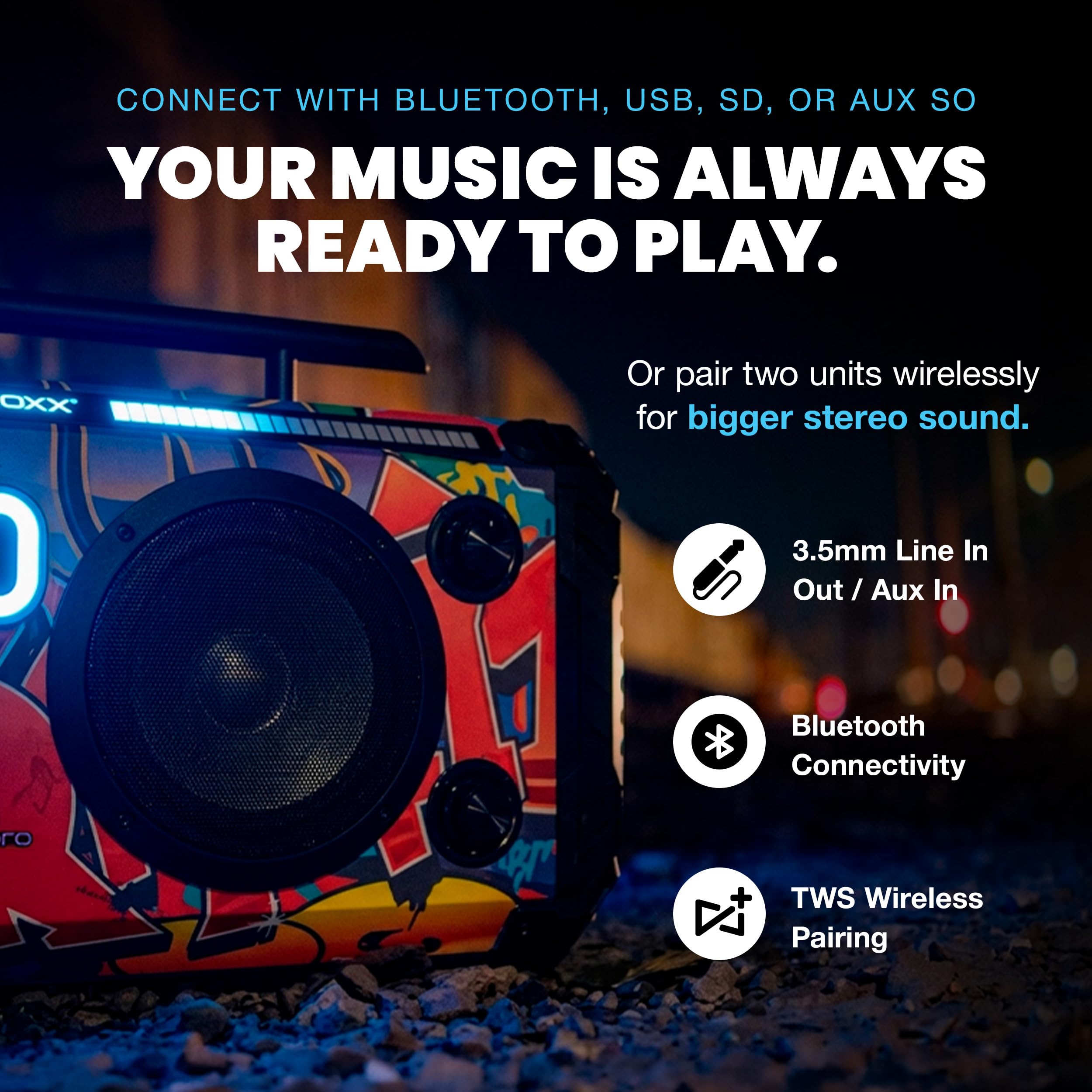 Bumpboxx Flare8 Pro Tragbare Bluetooth Boombox, Weiß, 2 kabellose Mikrofone | Wiederaufladbare Lithium-Akku-Boombox mit 2 kabellosen Mikrofonen, Tragegurt und Fernbedienung.