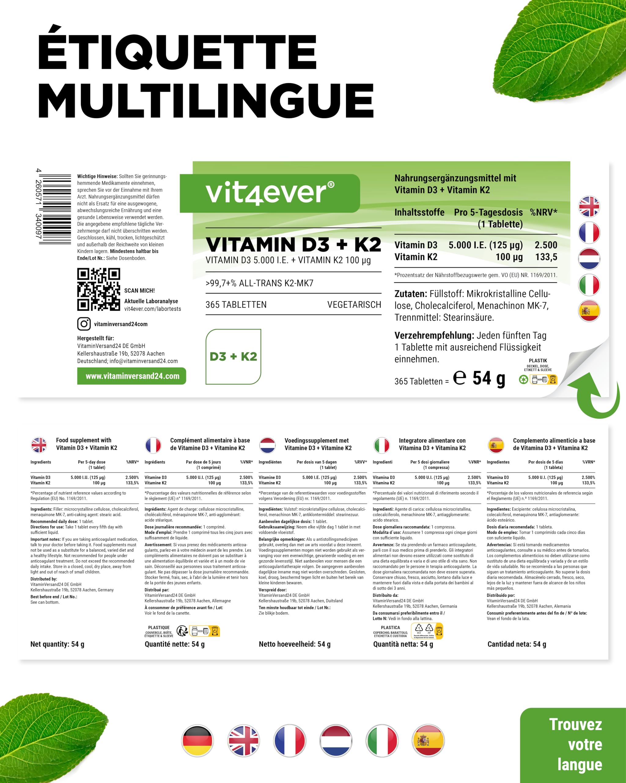 Vitamine D3 + K2 Depot - 365 comprimés - Matière première de première qualité : 99,7+% All-Trans (K2VITAL® de Kappa) - Avec 5000 U.I. de vitamine D3 par comprimé - Hautement dosé | 100 µg de vitamine K2 MK7, en lanoline, végétarienne, sans additifs inutil