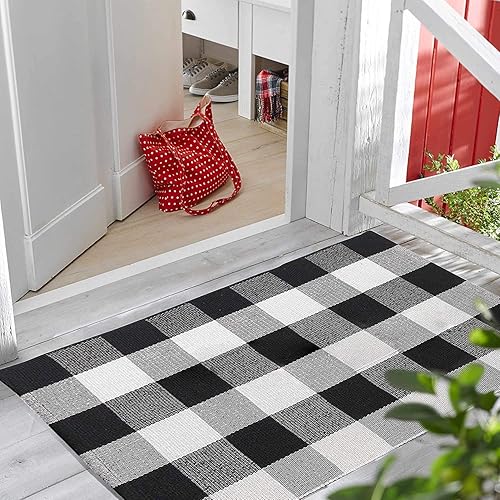 Miniatura 1 de Tapete Kimode de algodón, a cuadros, color negro y blanco, lavable, para porche, entrada, cocina