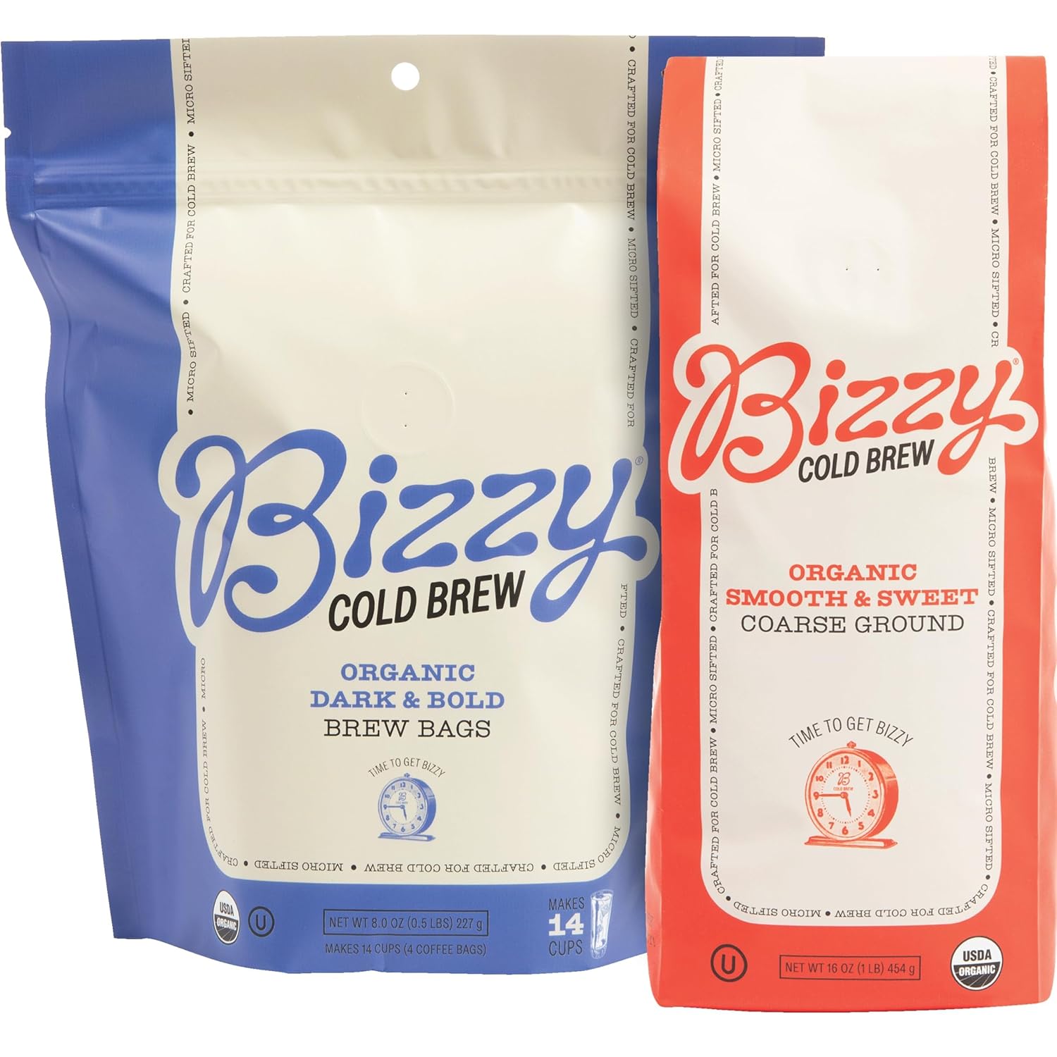 Bizzy Organic Cold Brew Coffee | Bundle | Coarse Ground Coffee | Smooth & Sweet 1 LB + Dark & Bold Pitcher Pack 4-count | 2 Pack