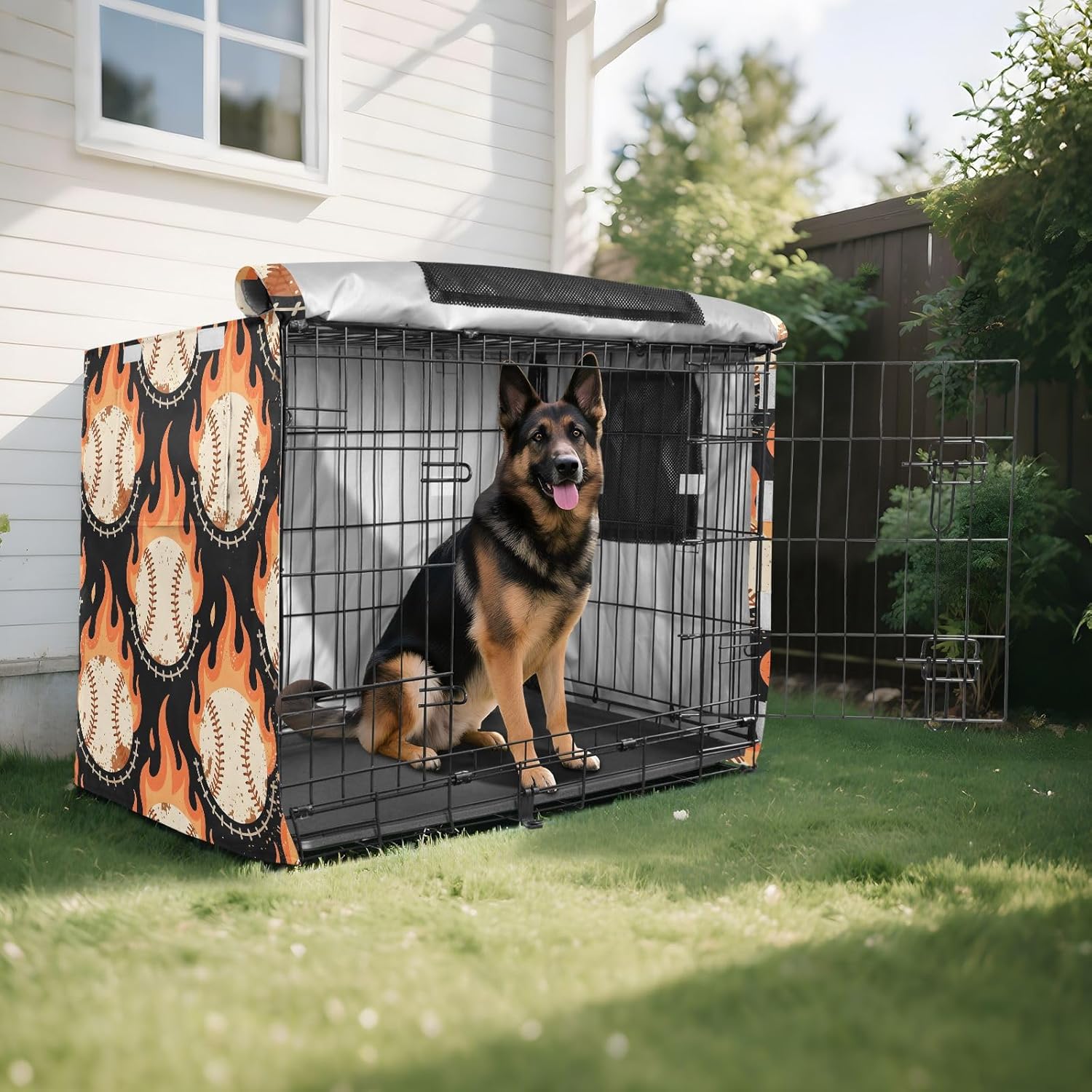 Flame Baseball Dog Crate Cover 600D Oxford Pet Kennel Cover with Mesh Window for Dog Cages, Windproof Waterproof Machine Washable, 48"x30"x33"