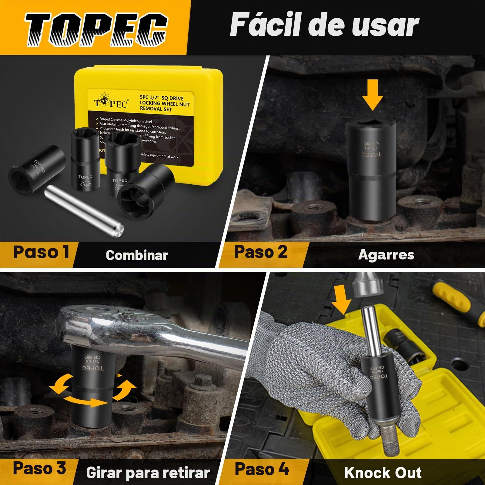 Juego de 5 extractores de tuercas de lengüeta, kit de extracción de bloqueo de rueda de transmisión de 1/2 pulgada, removedor de tuercas de llanta peladas de 17-22 mm, herramienta de extracción de